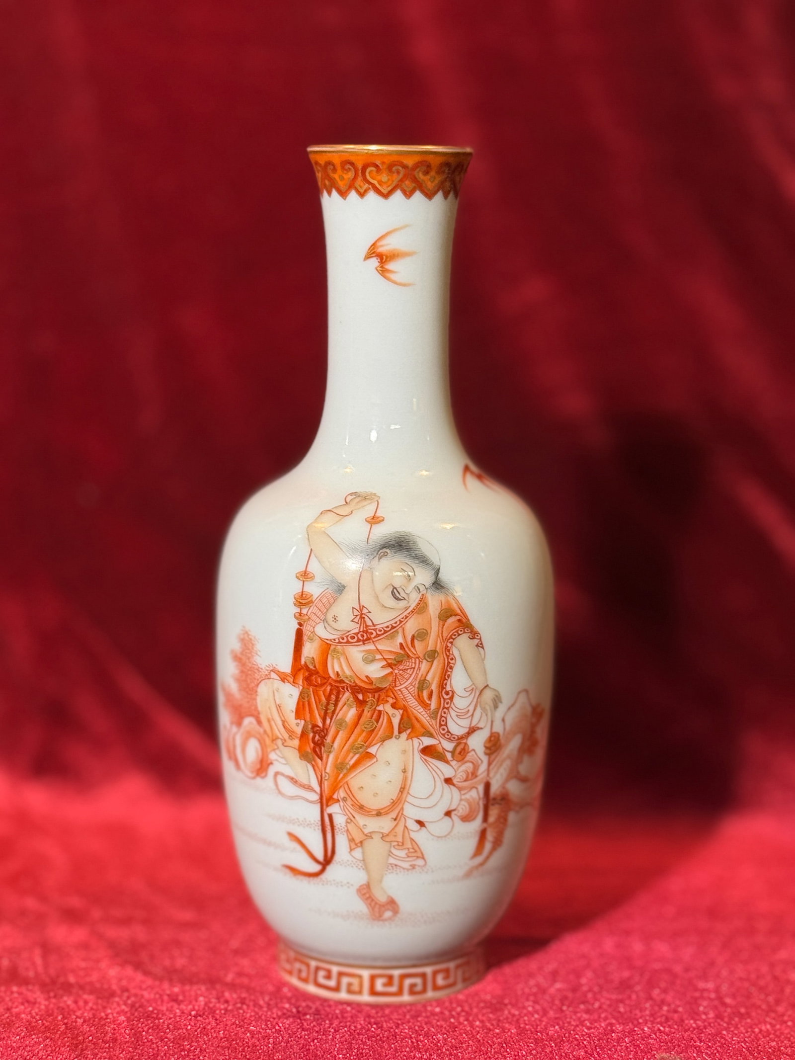 CHINESE PORCELAIN VASE WITH IRON-RED LIU HAI SCENE: Chinese porcelain vase with iron-red-painted immortal Liu Hai. Dimensions: Height: 7.5 in. (19.1 cm). Note: This item is in New York, where it can be shipped from.