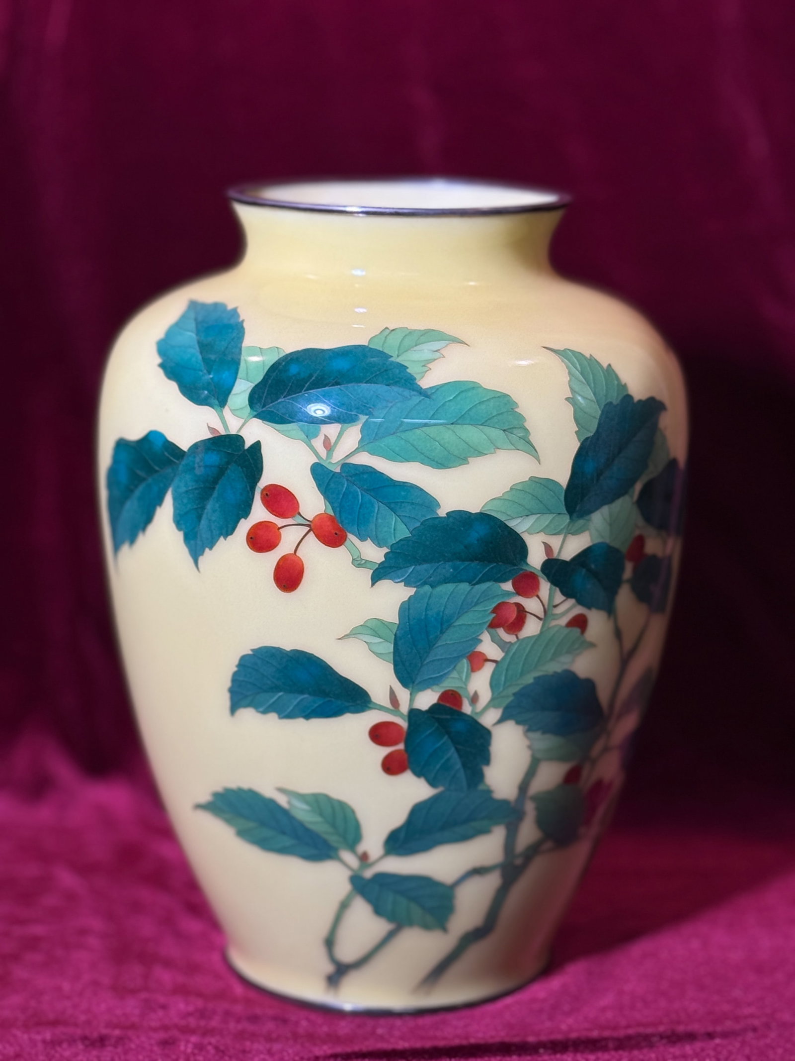 JAPANESE YELLOW CLOISONNE VASE WITH BERRY: Japanese yellow-ground cloisonne vase with berry scene, signed. Dimensions: Height: 9.5 in. (24.1 cm). Note: This item is in New York, where it can be shipped from.