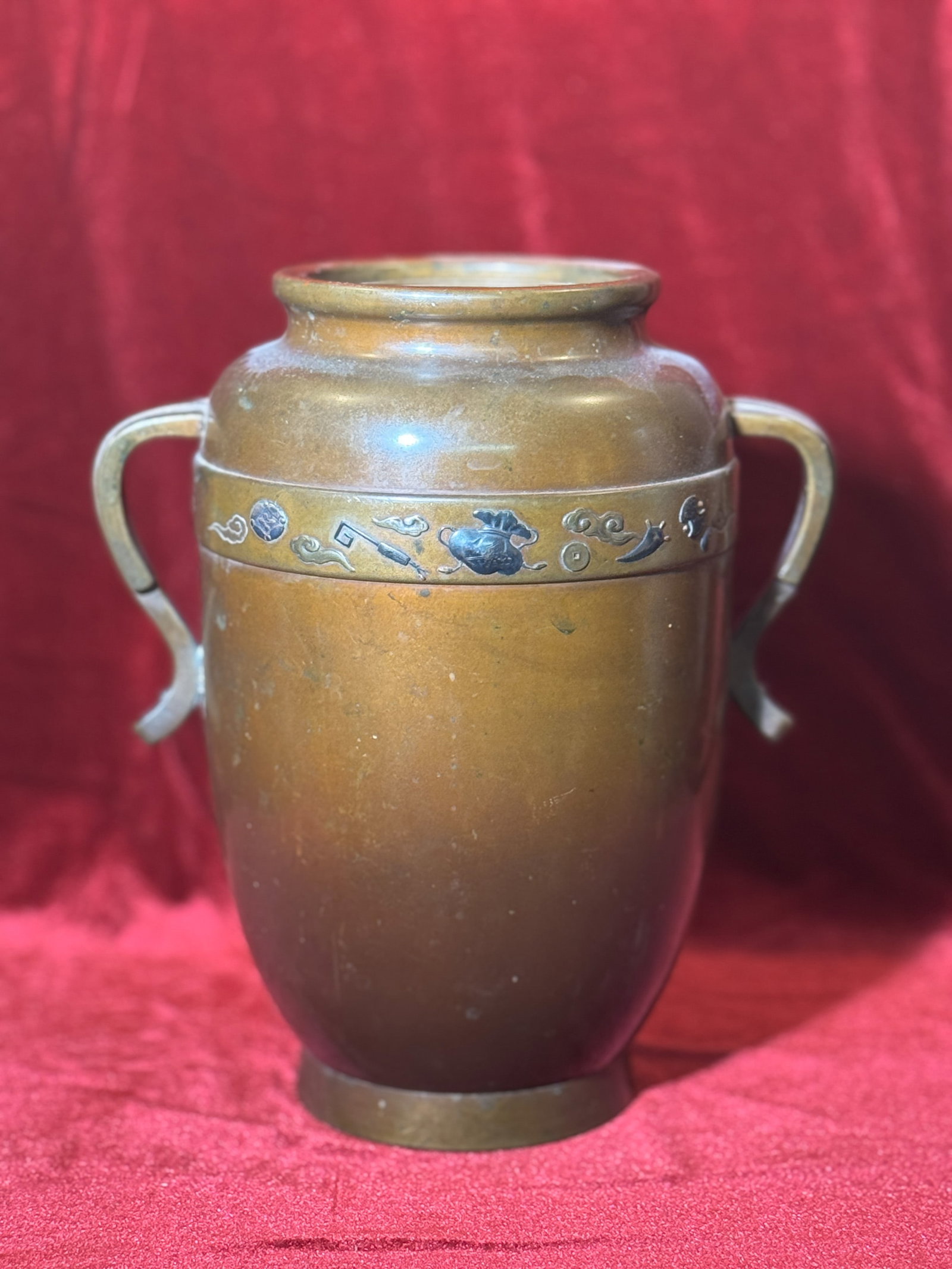 JAPANESE MEIJI BRONZE VASE WITH MIXED-METAL PRECIOUS-OBJECT INLAY: Japanese Meiji-period bronze vase with mixed-metal inlay of various precious objects. Dimensions: Height: 9.5 in. (24.1 cm). Note: This item is in New York, where it can be shipped from.
