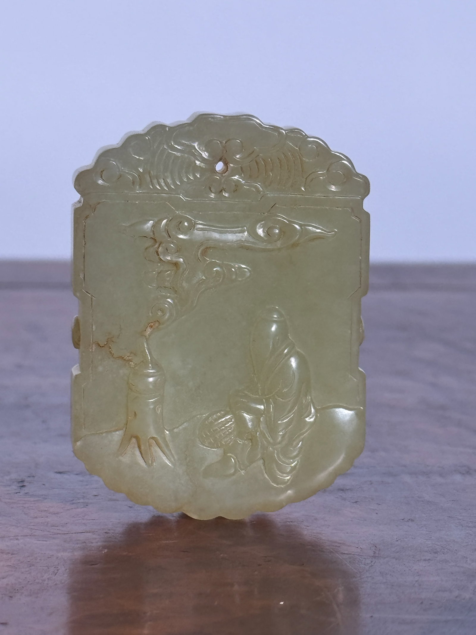 CHINESE YELLOW JADE PENDANT PLAQUE: Chinese yellow jade pendant plaque with scholar scene. Dimensions: 1.6 x 2.5 in. (4.1 x 6.3 cm). Note: This item is in New York, where it can be shipped from.