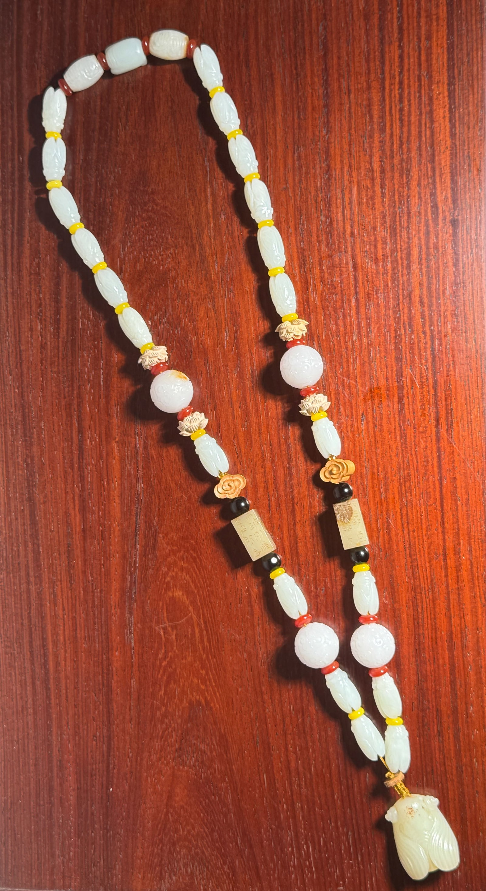 FINE CHINESE WHITE JADE NECKLACE WITH VARIOUS BEADS: Chinese white jade prayer-bead necklace with various types of jade beads. Dimensions: Circumference: 36 in. (91.4 cm). Note: This item is in New York, where it can be shipped from.