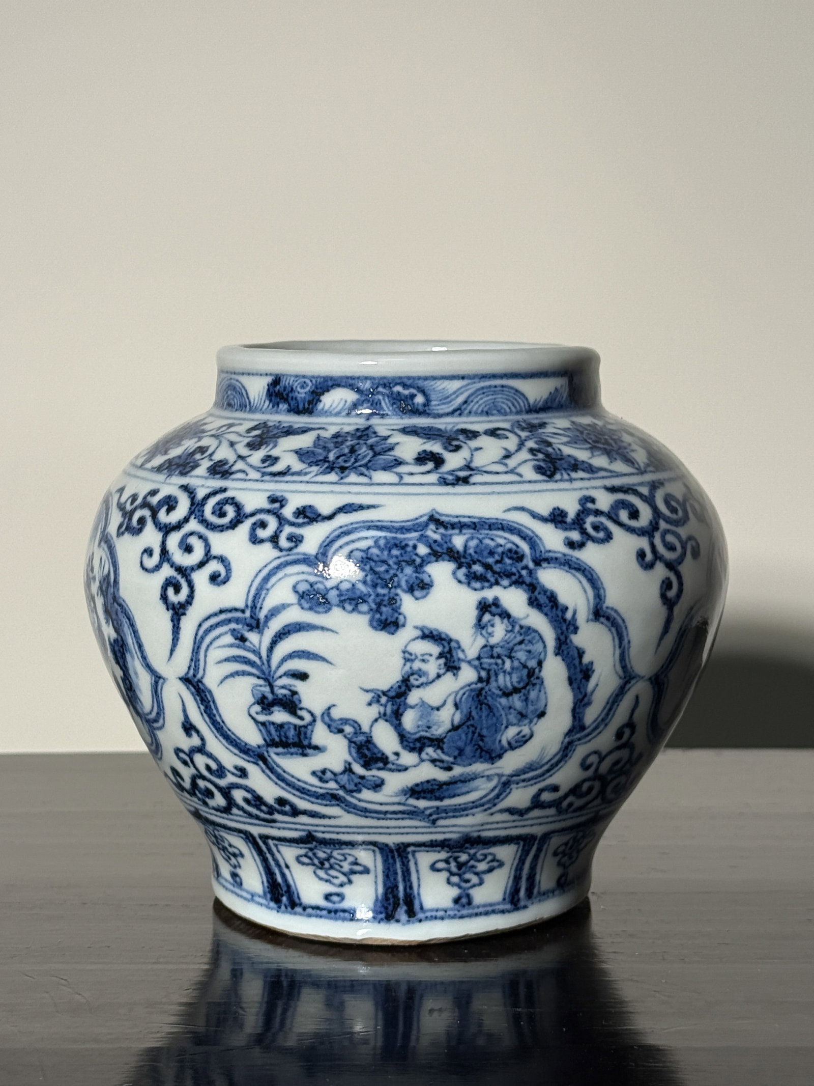 CHINESE BLUE AND WHITE PORCELAIN VASE WITH IMMORTAL SCENE: Chinese blue and white porcelain vase with immortals. Dimensions: Height: 7 in. (17.8 cm). Note: This item is in New York, where it can be shipped from.