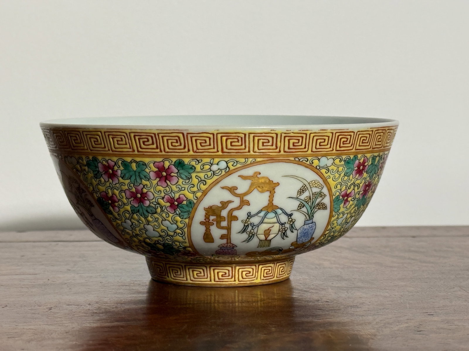 CHINESE YELLOW FAMILLE ROSE PORCELAIN BOWL: Chinese yellow famille rose porcelain bowl. Dimensions: Diameter: 5 in. (12.7 cm). Note: This item is in New York, where it can be shipped from.