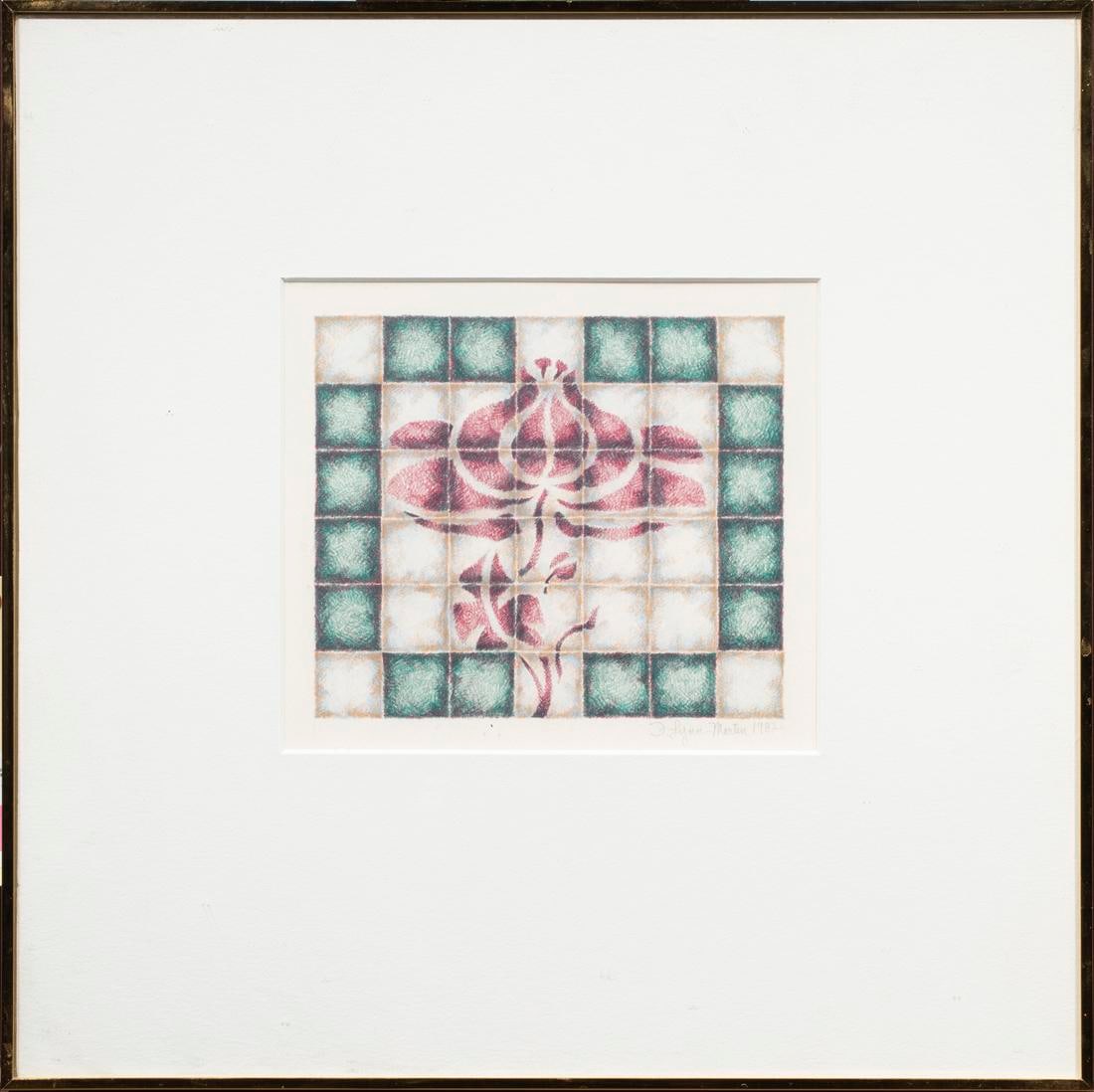 FRANCES LYNN MARTIN, WORK ON PAPER: Frances Lynn Martin (American, 20th century), "Ornament in Squares, Violet and Green," 1982. Prismacolor pen on paper, pencil signed and dated lower right. Overall (with frame): 16.25"h x 16.25"w