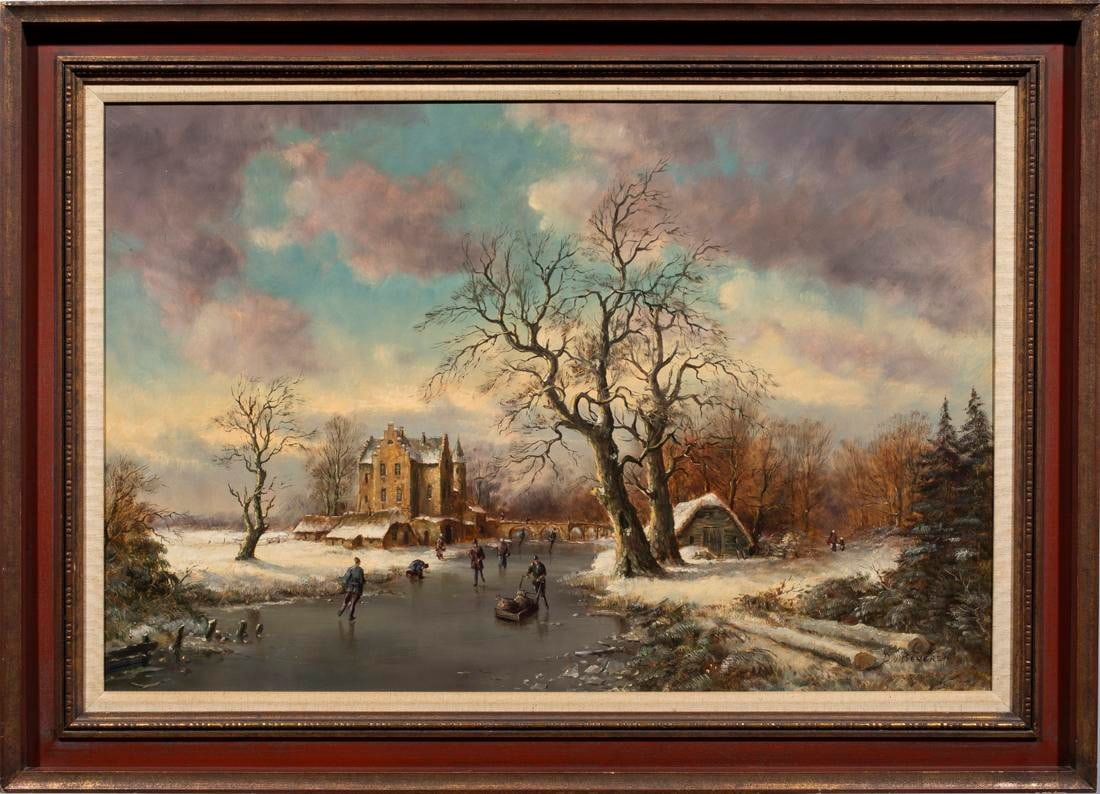 D. VAN BEVEREN (DUTCH, 20TH CENTURY), PAINTING: D. Van Beveren (Dutch, 20th century), "Frozen Pond." Oil on canvas, bears signature lower right. Overall (with frame): 31"h x 43"w (78.43 x 108.79 cm)