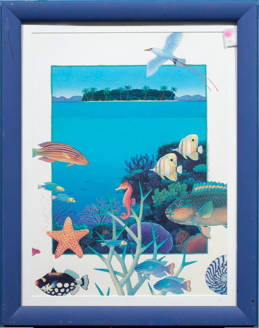 JO ANNE HOOK (AUSTRALIAN, B. 1952), PRINT: Jo Anne Hook (Australian, b. 1952), "Reef Treasures II," 1992. Offset print, signed in plate right center, pencil signed and dated lower left. Overall (with frame): 31.25"h x 24.75"w (79.38 x 62.87 cm