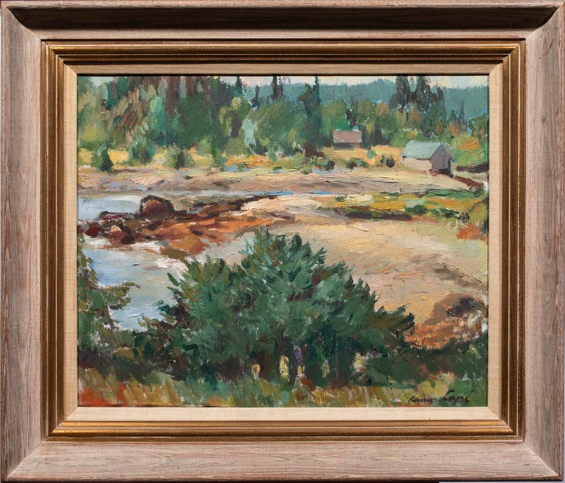 AMERICAN SCHOOL (20TH CENTURY), PAINTING: American School (20th century), "Rural Homestead." Oil on canvas, signed indistinctly lower right. Overall (With Frame): 27"h x 31"w (68.58 x 78.74 cm)