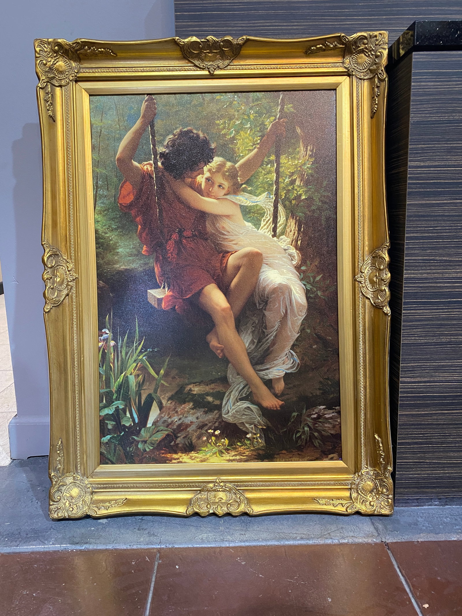 PIERRE AUGUSTE COT (FRENCH, 1837-1883), AFTER, PRINT: After Pierre Auguste Cot (French, 1837-1883), "Springtime." Print on canvas. Image: 29.13"h x 19.29"w (74 x 49 cm); Overall (with frame): 37.01"h x 26.77"w (94 x 68 cm)