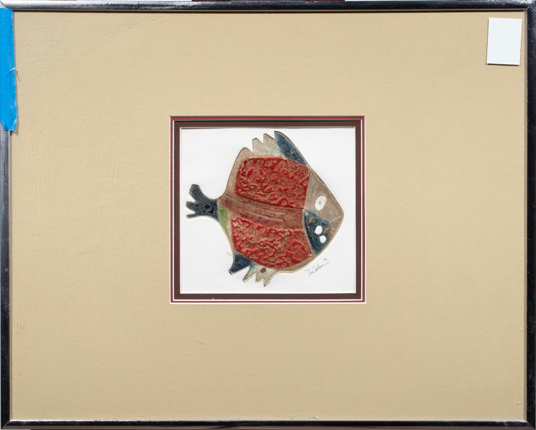 AMERICAN SCHOOL (20TH CENTURY), PRINT: American School (20th century), "Fish." Woodblock with color, pencil signed and dated indistinctly lower right, edition 13/30. Overall (with frame): 16.5"h x 20.5"w (41.91 x 52.07 cm)