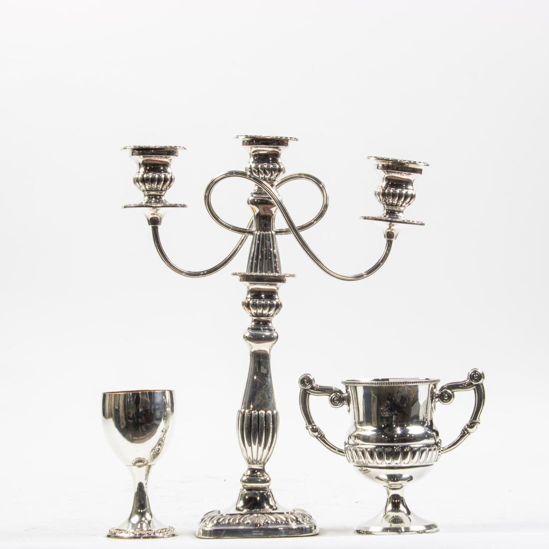 (LOT OF 3) EDWARDIAN SHEFFIELD PLATE CANDELABRA, SUGAR AND GOBLET: (lot of 3) Edwardian Sheffield plate three-light candelabra, together with a footed sugar and a goblet with gilt wash. 15.75"h