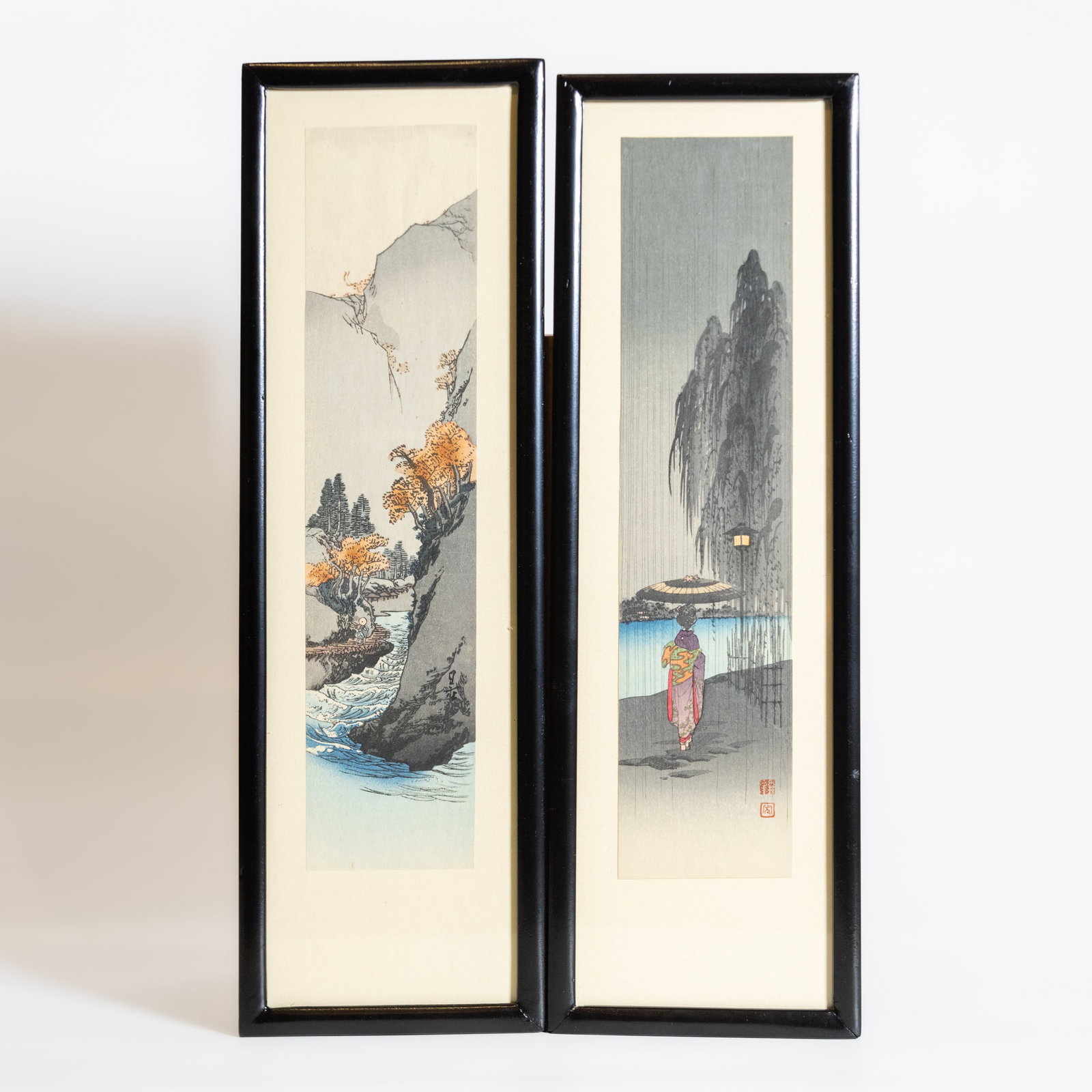 (LOT OF 2) A GROUP OF TWO JAPANESE WOODBLOCK PRINTS, 20TH CENTURY: (lot of 2) A group of two Japanese woodblock prints, 20th century. Image: 34 x 8 cm; Overall: 44 x 14.5 cm Provenance: Private collection of the Smith family, Santa Monica, California, by descent.