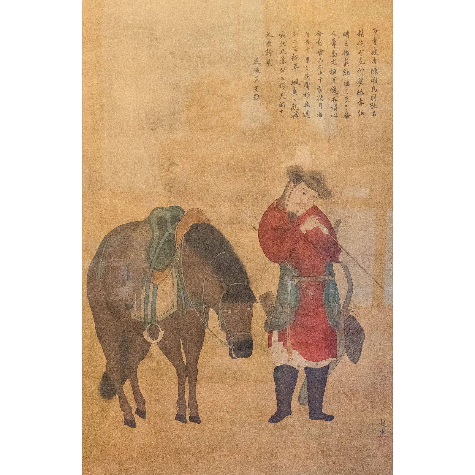 ZHAO YONG (1289-AFTER 1363), AFTER, CHINESE PAINTING OF HORSE: After Zhao Yong (1289-after 1363), Chinese painting of horse. Ink and color on paper, mounted and framed. 33.07"h x 21.46"w (84 x 54.5 cm)