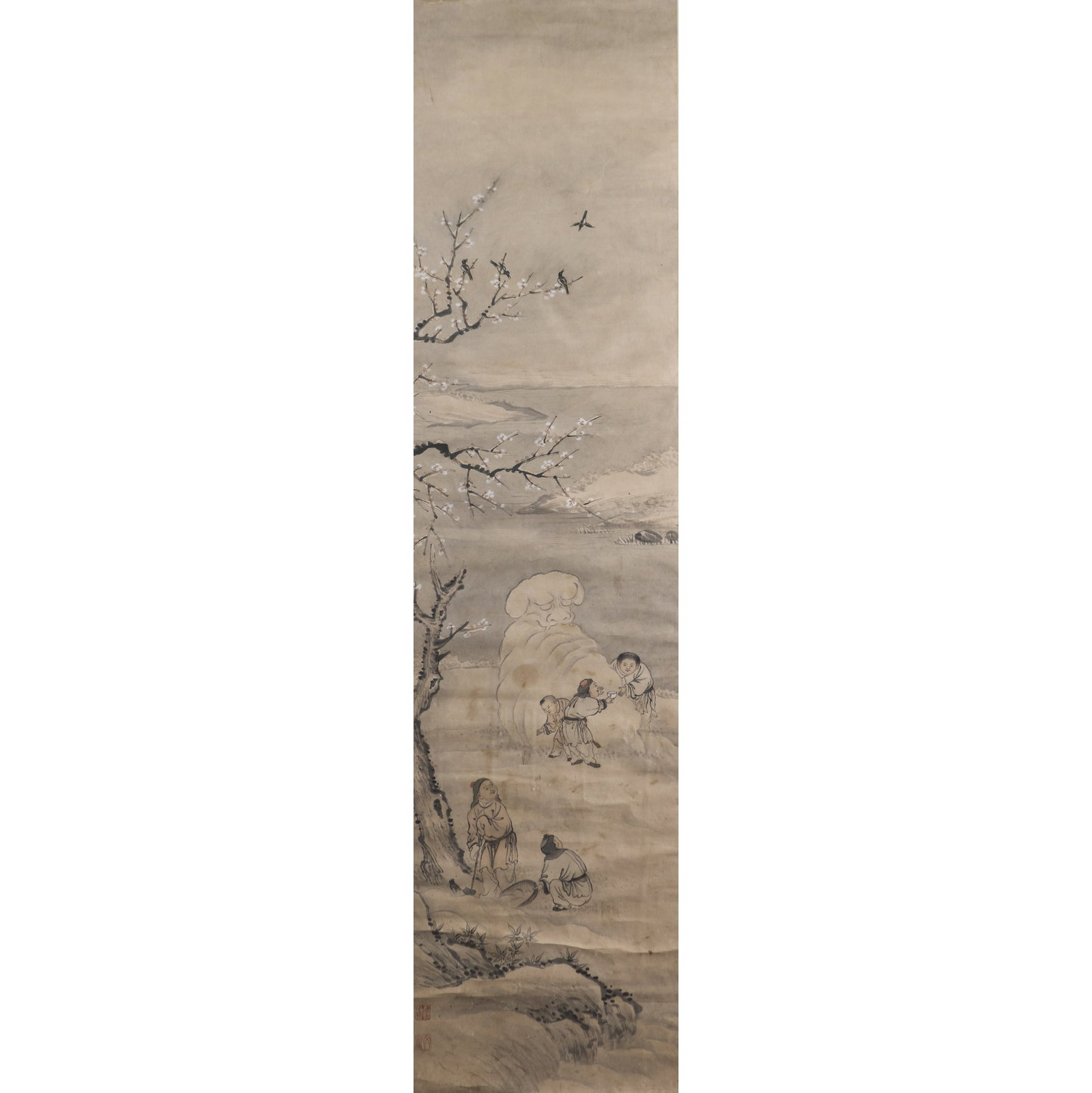 ANONYMOUS (QING DYNASTY), CHINESE PAINTING OF A CHILD PLAYING: Anonymous (Qing dynasty), Chinese painting of a child playing. Ink and color on paper, mounted and framed. Sight: 12.7"h x 51"w (32.5 x 129 cm); Overall (with frame): 19"h x 64.5"w (48 x 163 cm)