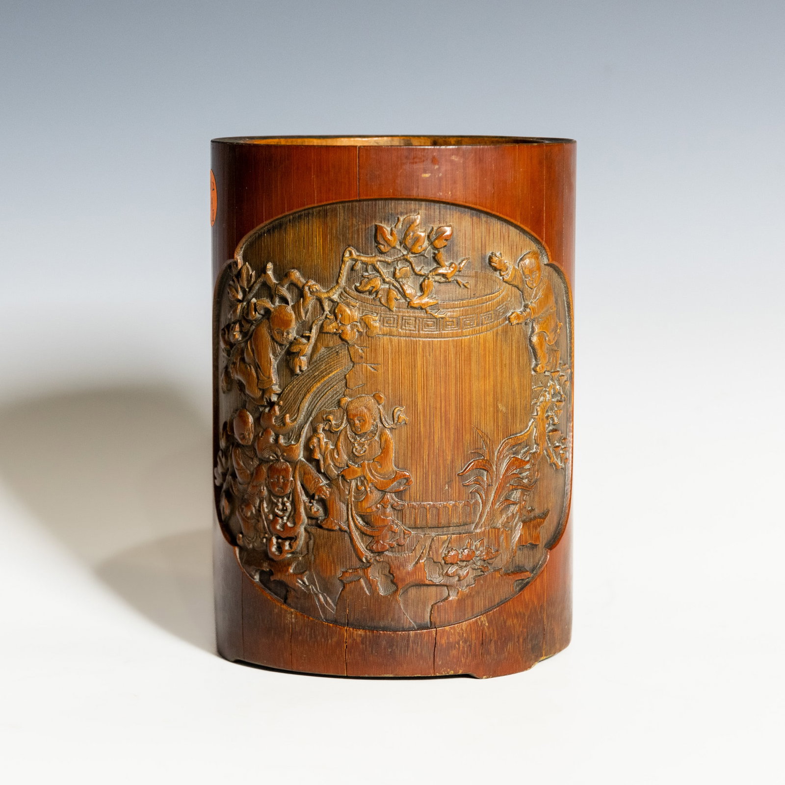 A CHINESE CARVED BAMBOO 'FIGURE AND INSCRIPTION' BRUSH POT (1 of 11)