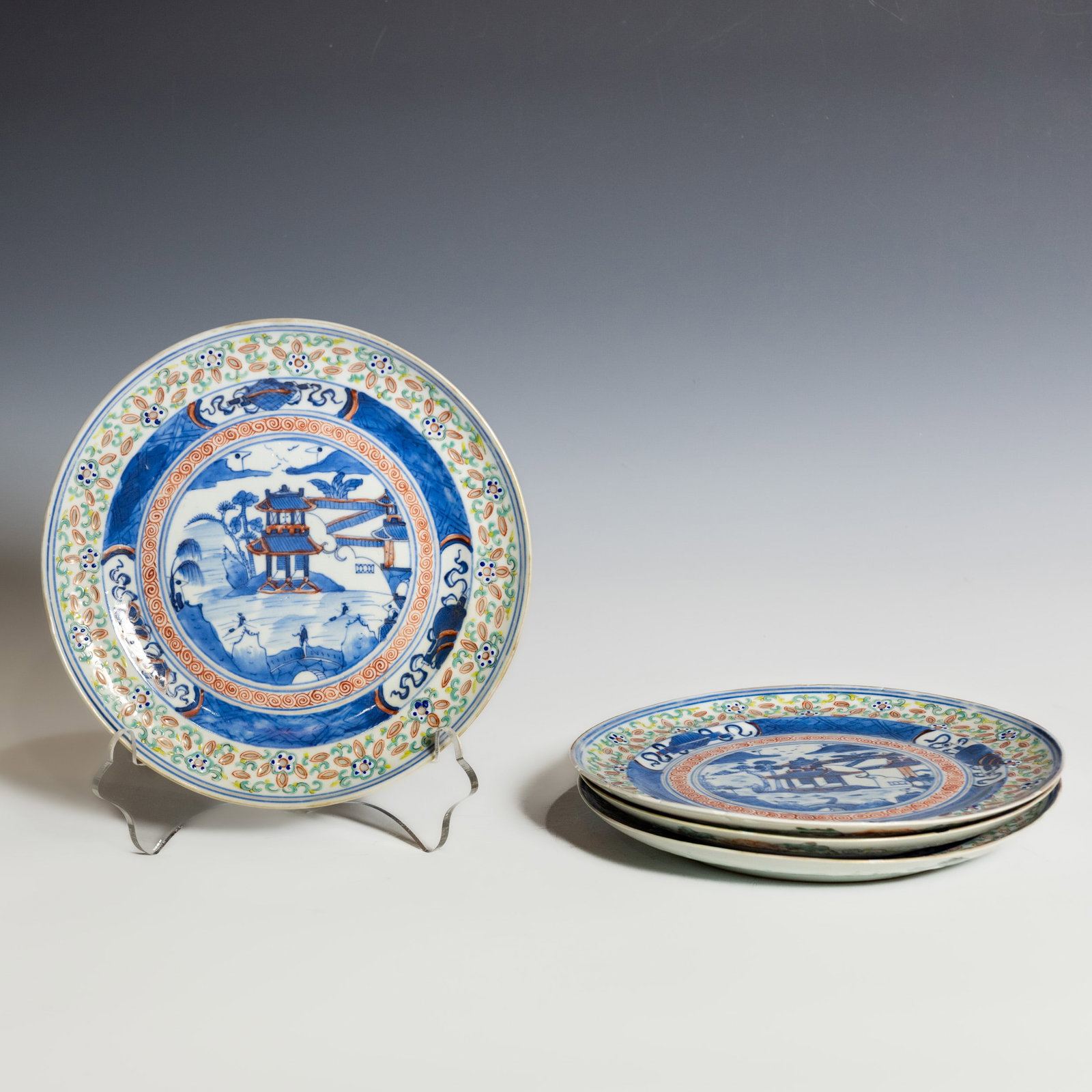 (LOT OF 4) A GROUP OF FOUR CHINESE BLUE-AND-WHITE ENAMELED PORCELAIN PLATES (1 of 6)