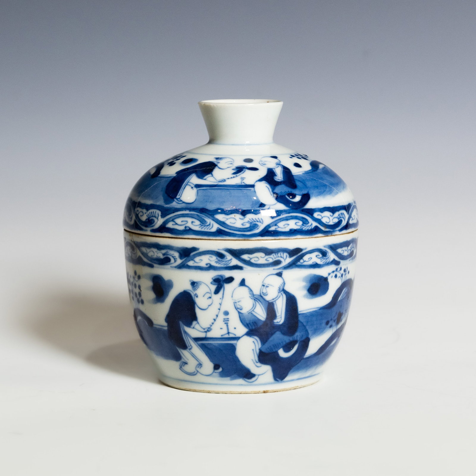 A CHINESE BLUE-AND-WHITE BOWL AND COVER: A Chinese blue-and-white bowl and cover. Overall: H13 x 10.5 cm