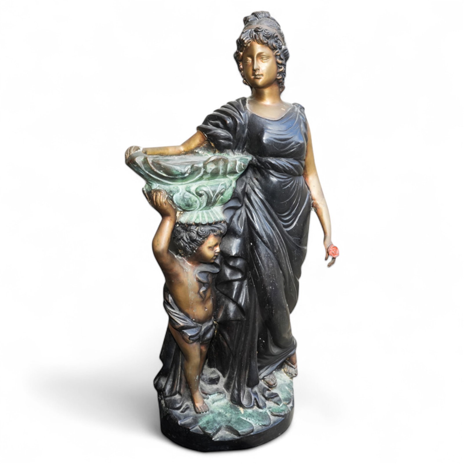 BRONZE GARDEN STATUE: Bronze garden statue of a lady with a boy. 29.92"h x 13.39"w x 5.12"l (76 x 34 x 13 cm) Provenance: Property of an estate in Pasadena, CA.