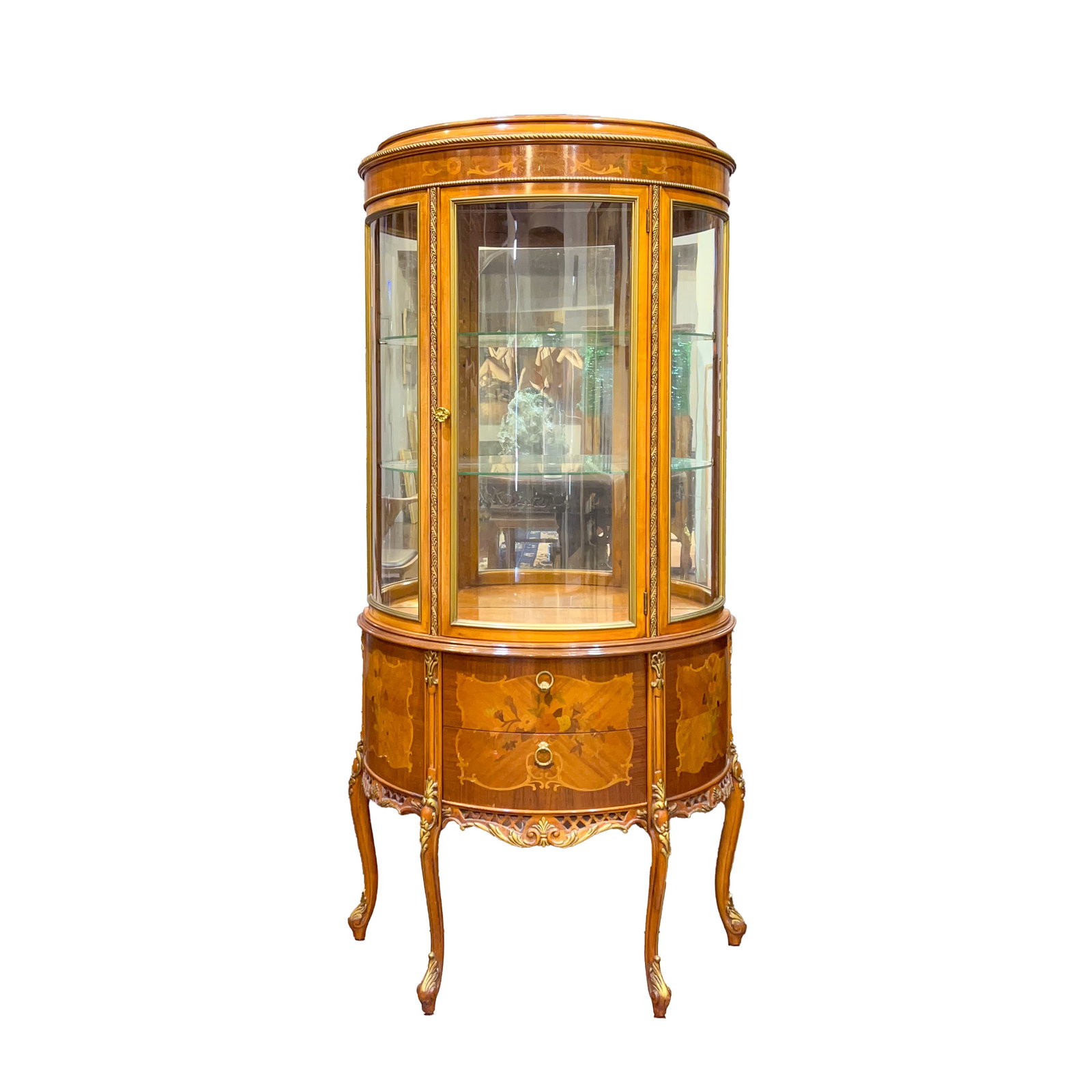 LOUIS XVI STYLE MARQUETRY-INLAID CURIO CABINET: Louis XVI style marquetry-inlaid curio cabinet, 19th century, with gilt bronze mounts. 63.19"h x 29.53"w x 15.35"l (160.5 x 75 x 39 cm)