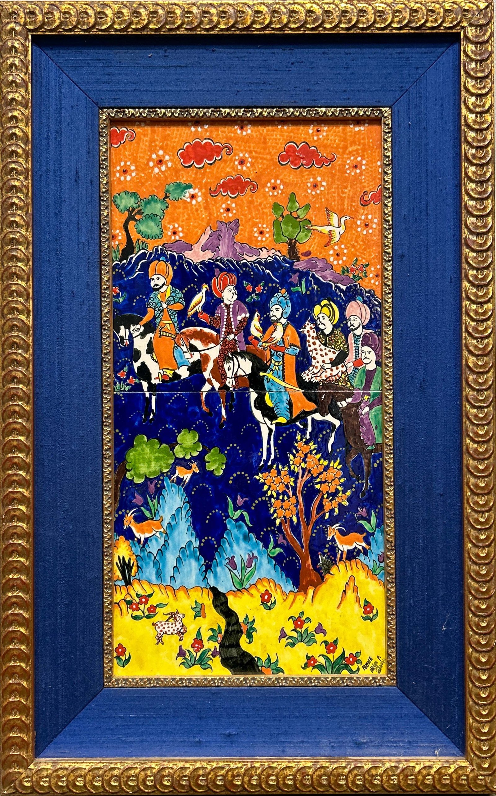 FRAMED PERSIAN MINIATURE PORCELAIN PLAQUE: Framed Persian miniature porcelain plaque. Image: 15.35"h x 7.48"w (39 x 19 cm); Overall (With Frame): 21.26"h x 13.39"w (54 x 34 cm)