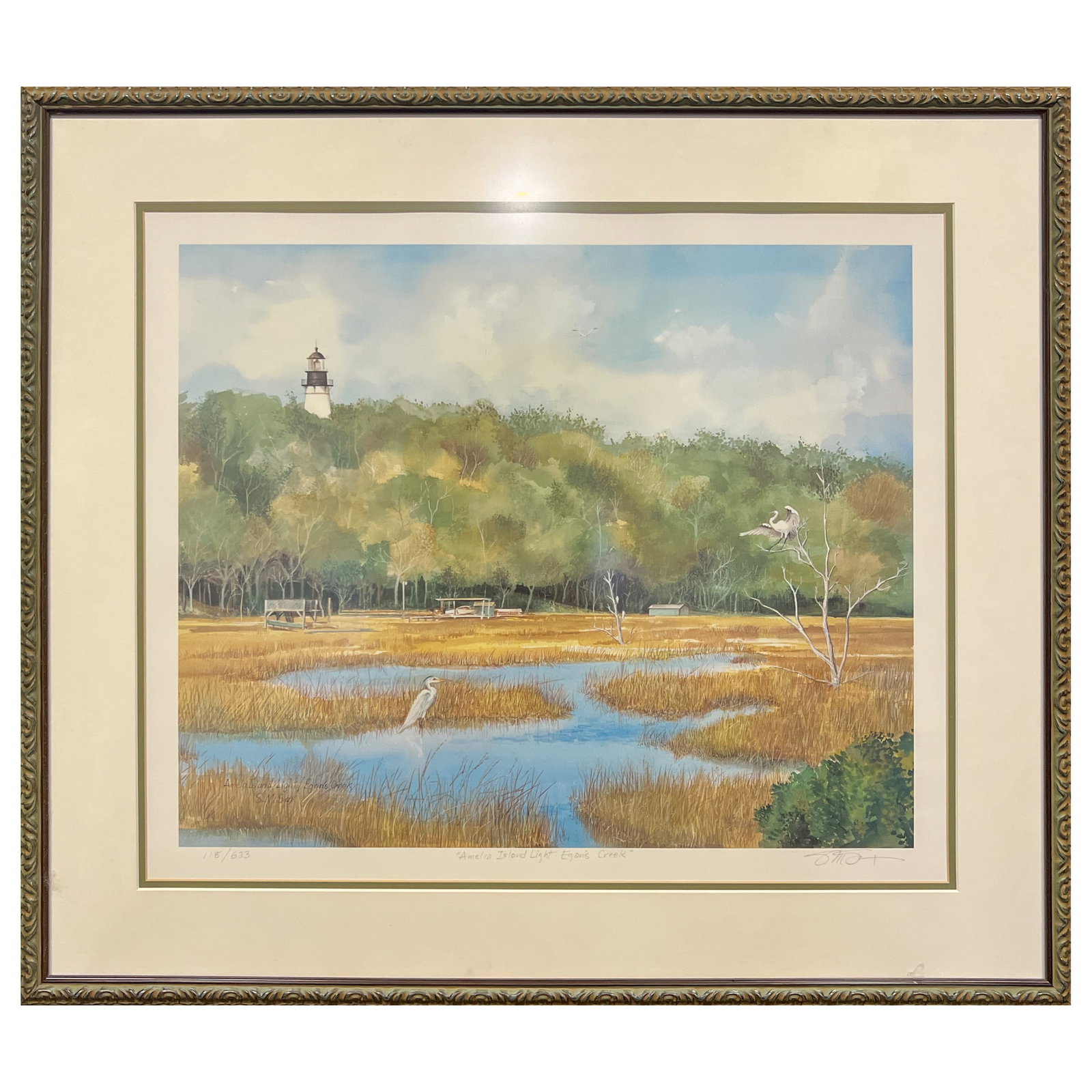 AMERICAN SCHOOL, PRINT: American School, "Amelia Island Light, Egan's Creek." Print, edition 118/633, signed lower right. Image: 17.91"h x 21.85"w (45.5 x 55.5 cm); Overall (With Frame): 27.76"h x 31.69"w (70.5 x 80.5 cm)