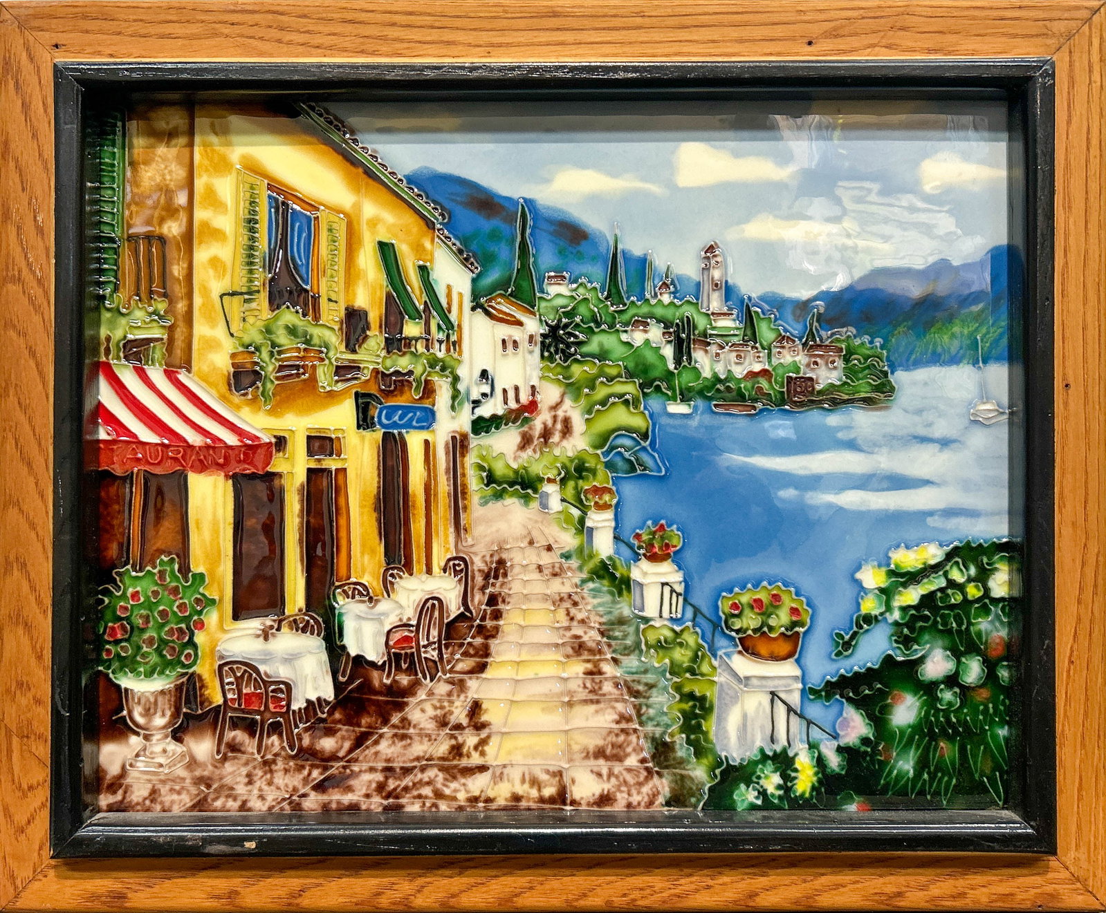 FRAMED PORCELAIN PLAQUE OF COASTAL SCENE: Framed porcelain plaque of a coastal scene. Image: 10.63"h x 13.58"w (27 x 34.5 cm); Overall (With Frame): 13.58"h x 16.54"w (34.5 x 42 cm)