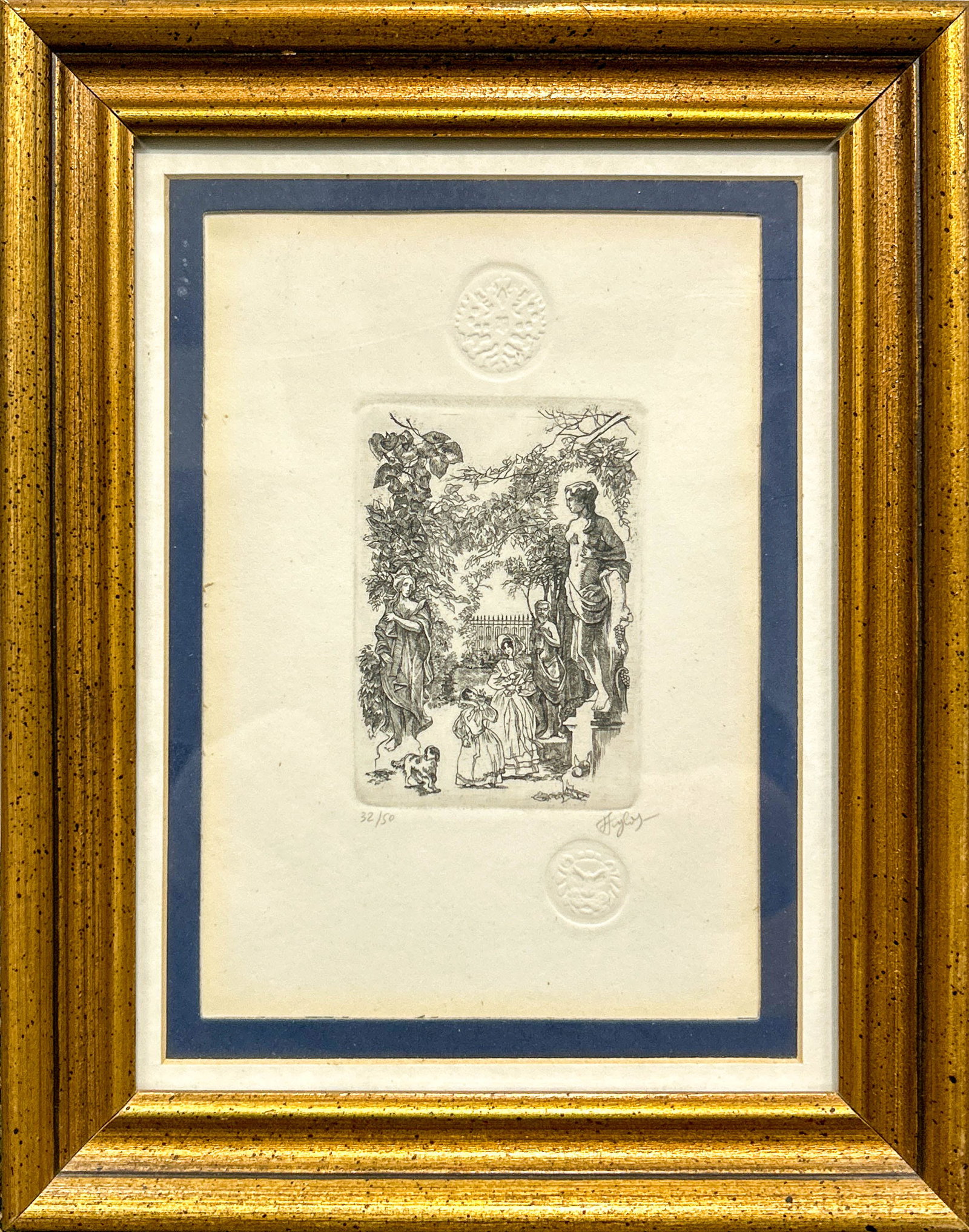 GARDEN SCENE WITH FIGURES, ETCHING: Garden Scene with Figures. Etching, signed lower right, edition 32/50. Image: 3.35"h x 2.36"w (8.5 x 6 cm); Overall (With Frame): 9.45"h x 7.48"w (24 x 19 cm)