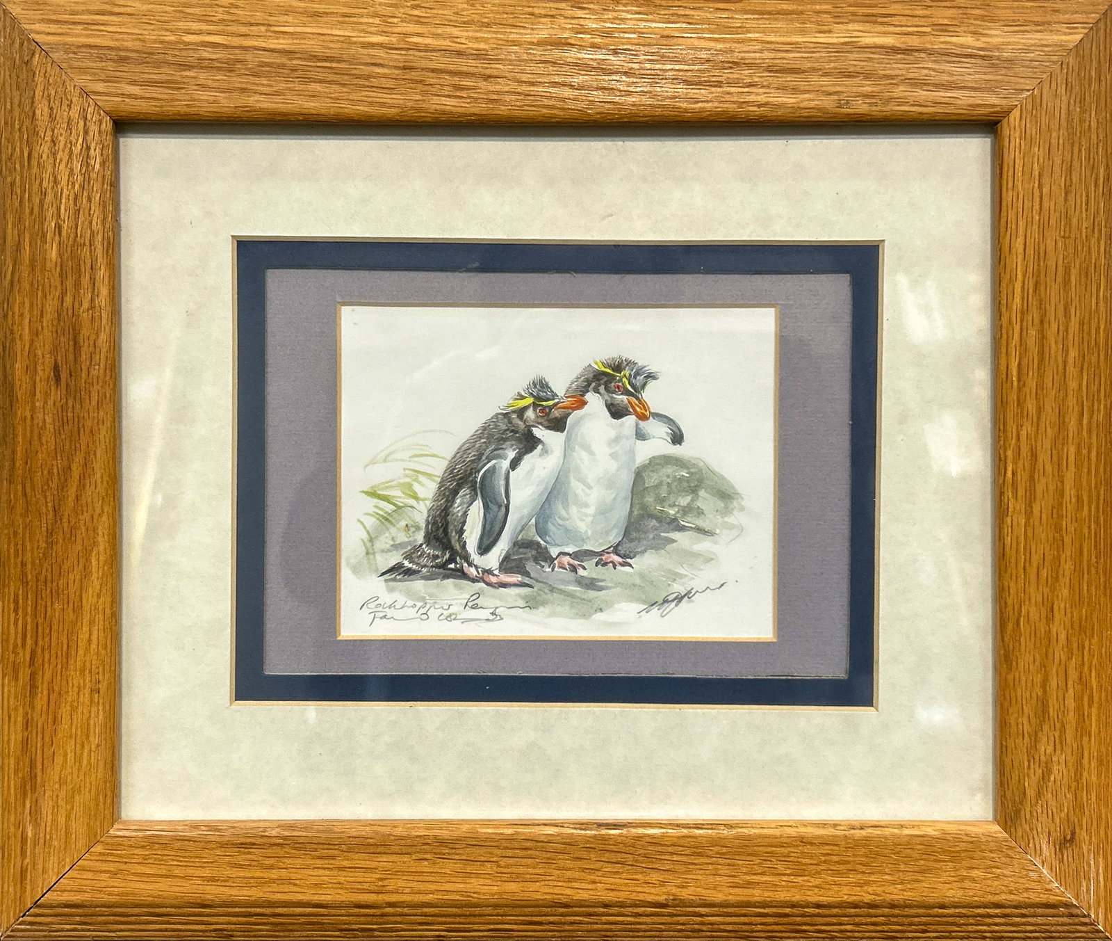 ROCKHOPPER PENGUINS, WATERCOLOR: Rockhopper Penguins. Watercolor, signed lower right. Image: 3.74"h x 4.92"w (9.5 x 12.5 cm); Overall (With Frame): 10.63"h x 12.6"w (27 x 32 cm)