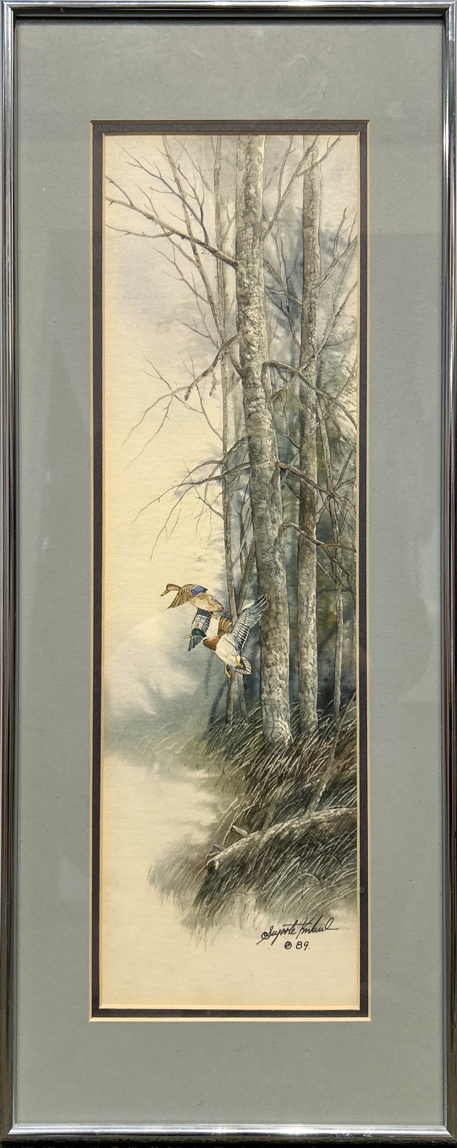 SUPOTE KRIKUL, WATERCOLOR: Supote Krikul (American, 21st century), "Bird." Watercolor on paper, signed and dated lower right. Image: 15.55"h x 4.53"w (39.5 x 11.5 cm); Overall (With Frame): 20.28"h x 8.27"w (51.5 x 21 cm)