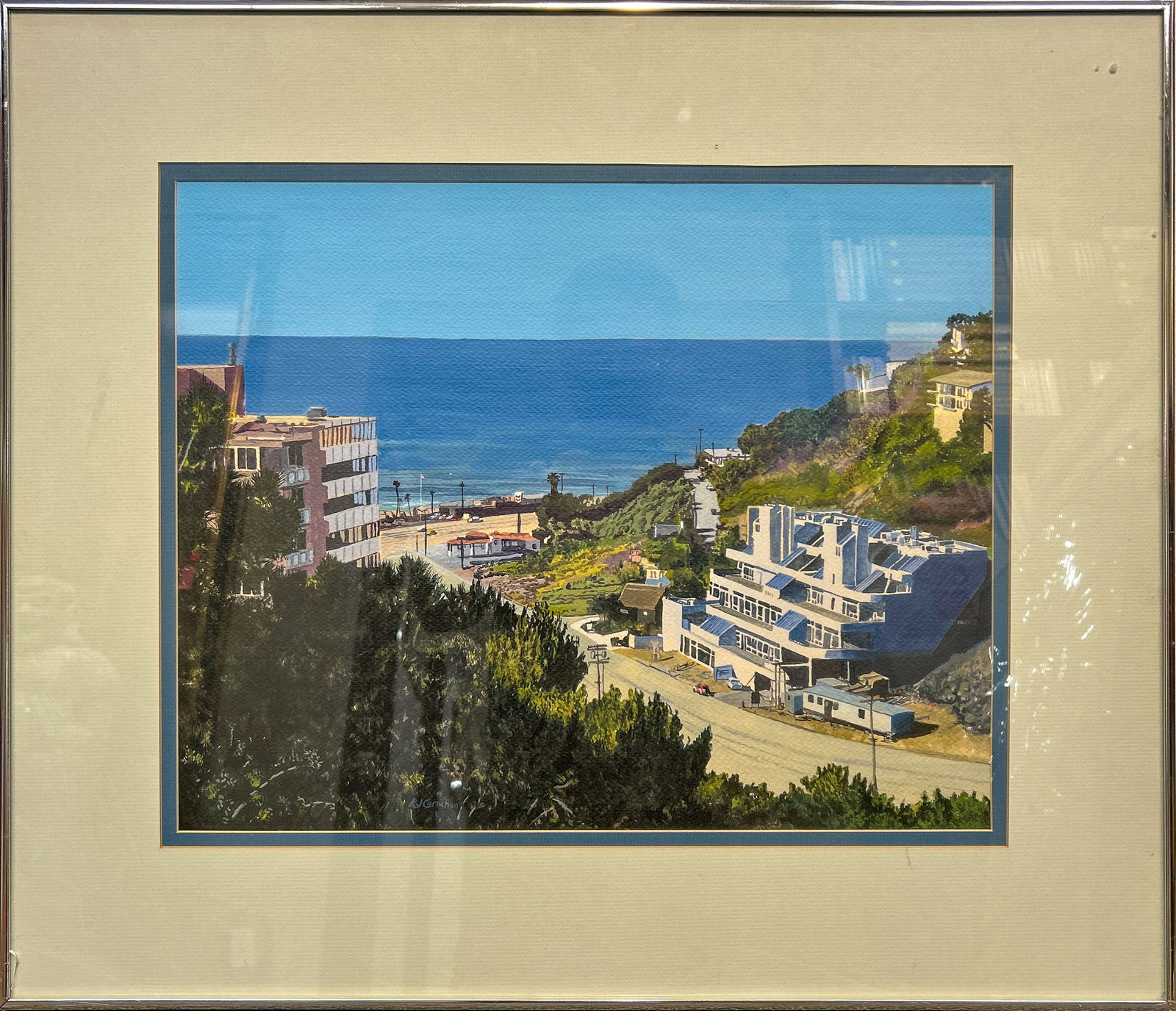 R. J. CARNAHAN, PAINTING: R. J. Carnahan (American, 20th century), "Sunset Blvd and Pacific Ocean." Oil on canvas. Image: 15.75"h x 19.49"w (40 x 49.5 cm); Overall (With Frame): 24.41"h x 28.15"w (62 x 71.5 cm)