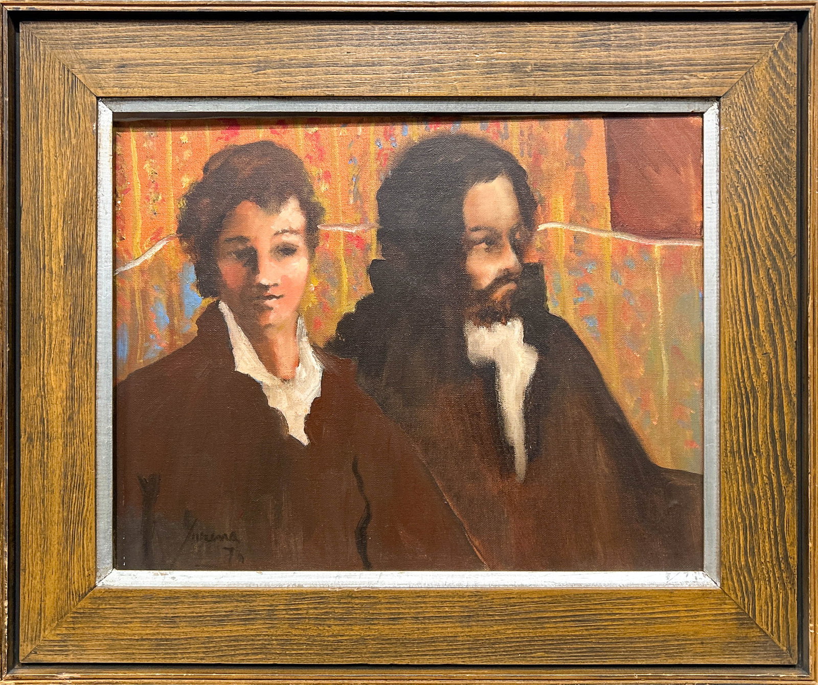 AMERICAN SCHOOL, PAINTING: American School (mid-20th century), "Portrait of Two Men." Oil on canvas, signed lower left, dated 1971. Image: 13.58"h x 17.52"w (34.5 x 44.5 cm); Overall (With Frame): 19.88"h x 23.82"w (50.5 x