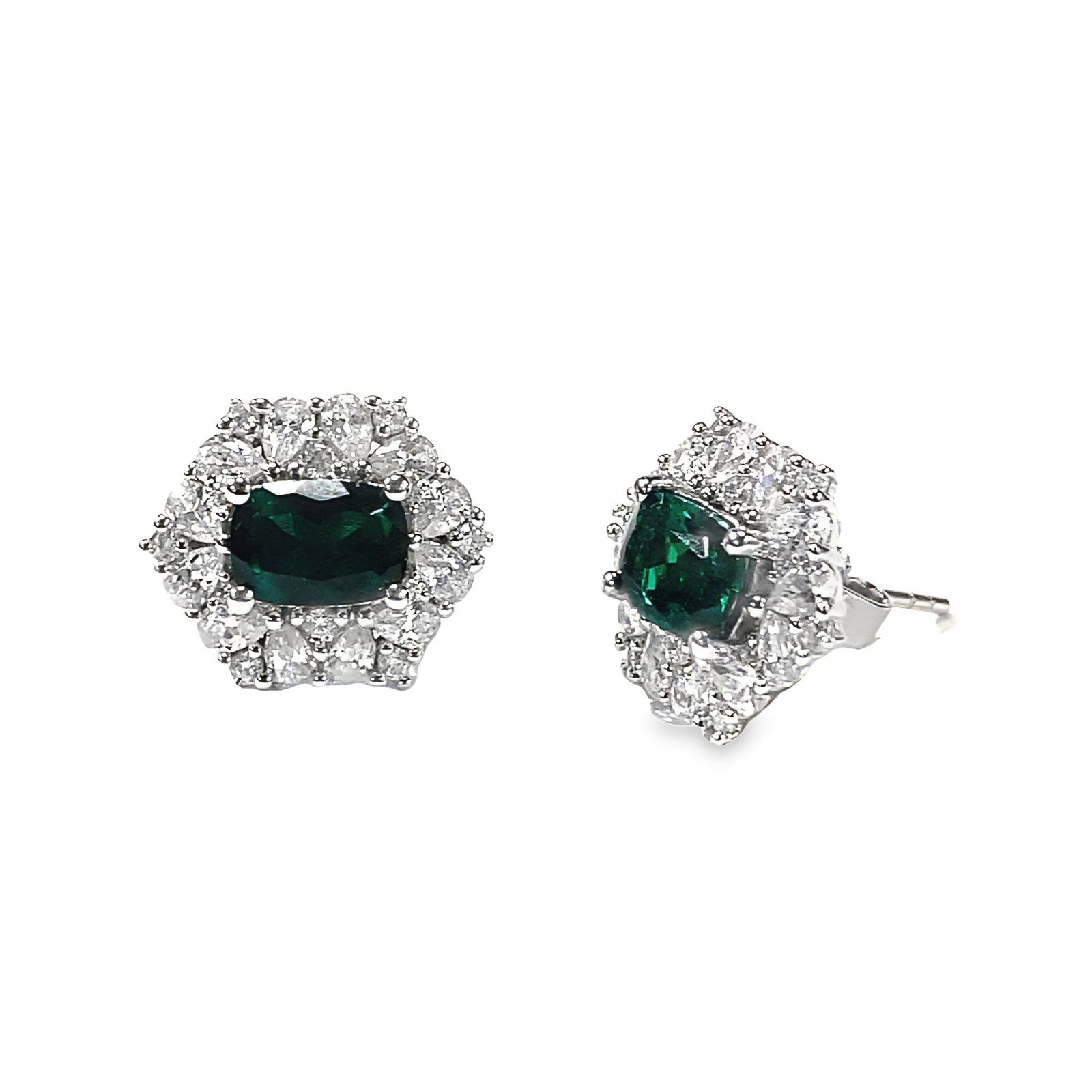 (LOT OF 2) LAB-GROWN EMERALD AND DIAMOND EARRINGS: (lot of 2) Lab-grown emerald and diamond earrings. Overall: 0.47"h x 0.39"w (1.2 x 1 cm) (x2)