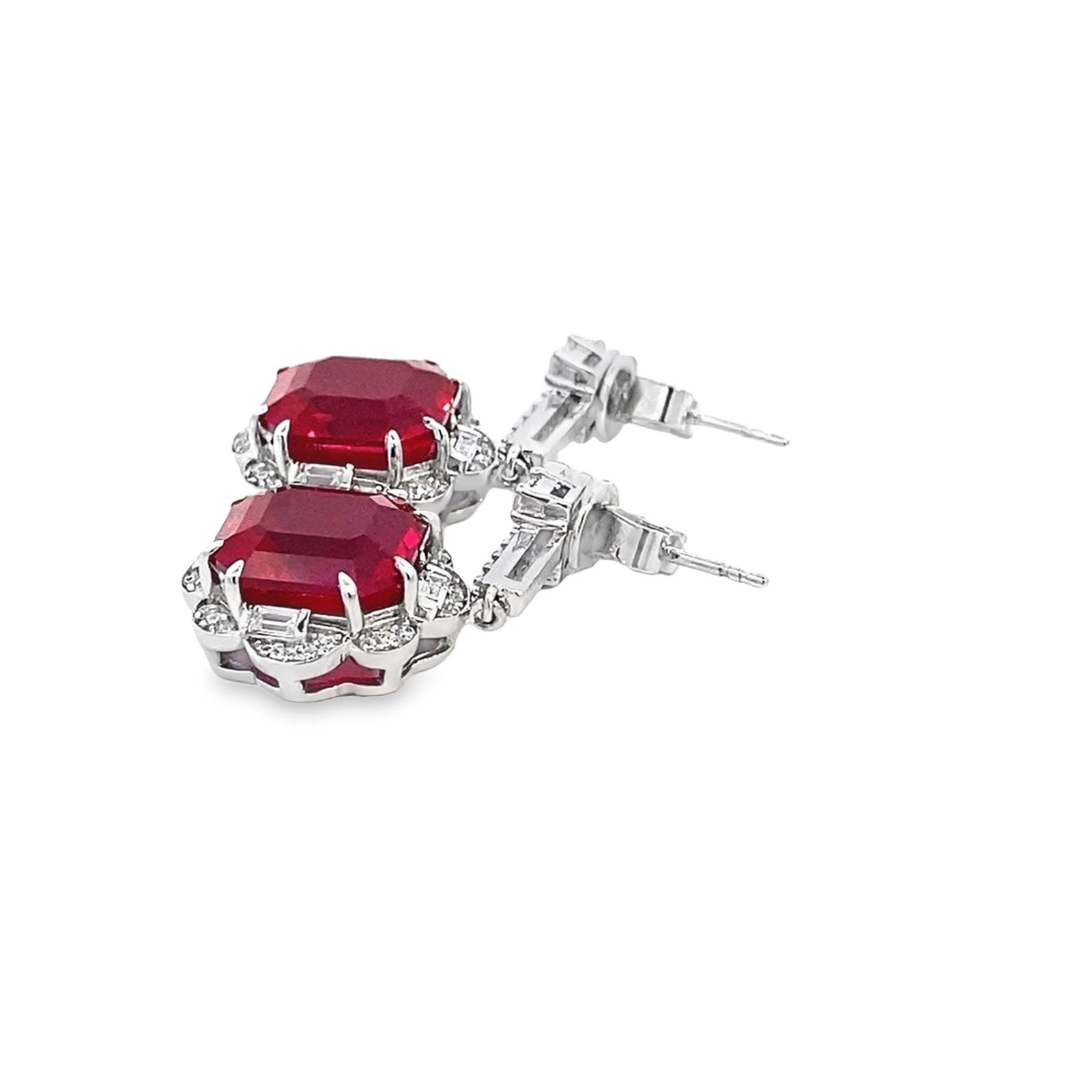 LAB RUBY AND DIAMOND EARRINGS OVER STERLING SILVER - 3