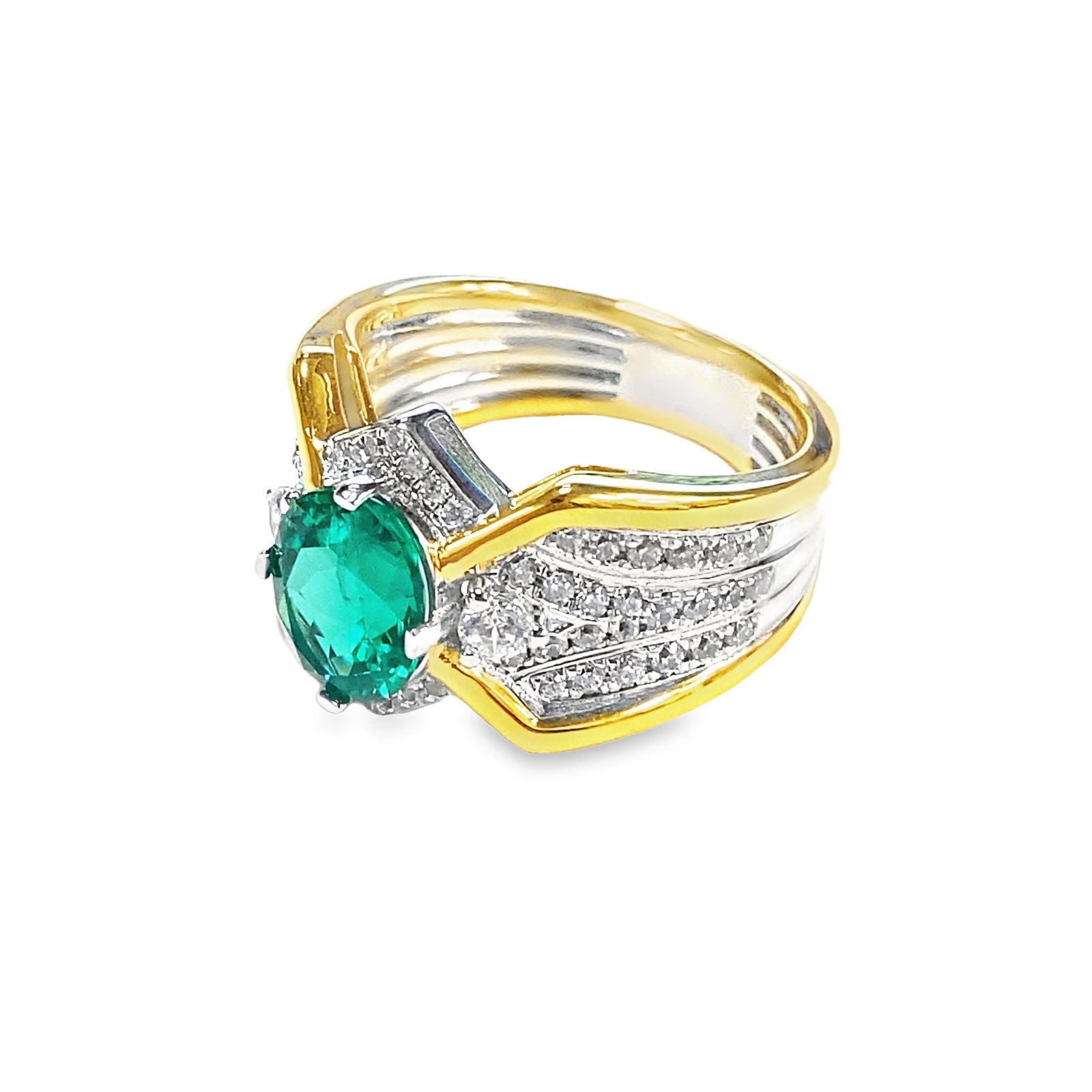 LAB EMERALD AND DIAMOND RING - 2