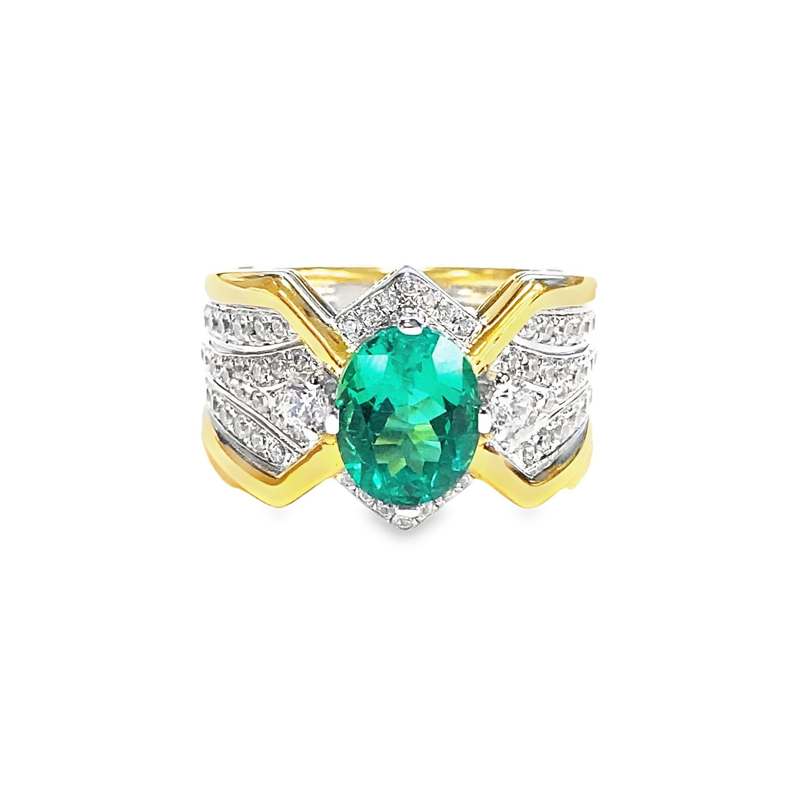 LAB EMERALD AND DIAMOND RING - 5