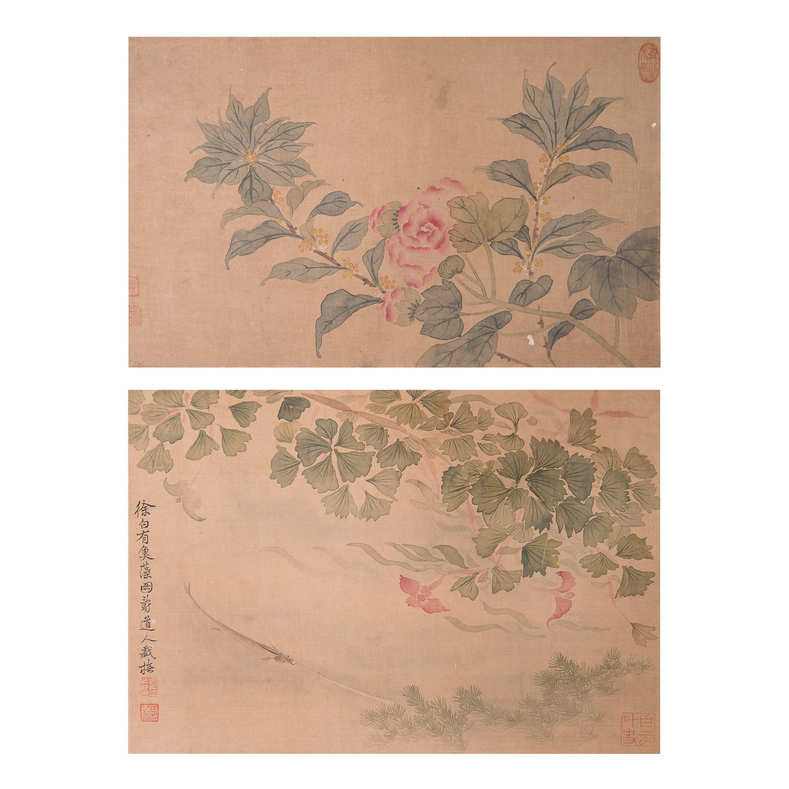 (LOT OF 2) YUN SHOUPING (1633-1690), ATTRIBUTED TO, TWO CHINESE PAINTINGS OF FISH AND FLOWER: (lot of 2) Attributed to Yun Shouping (1633-1690), two Chinese paintings of fish and flower subjects. Ink and color on silk, mounted and framed. Image: 8.5"h x 14"w (21.5 x 35.5 cm); 8.25"h x 12"w