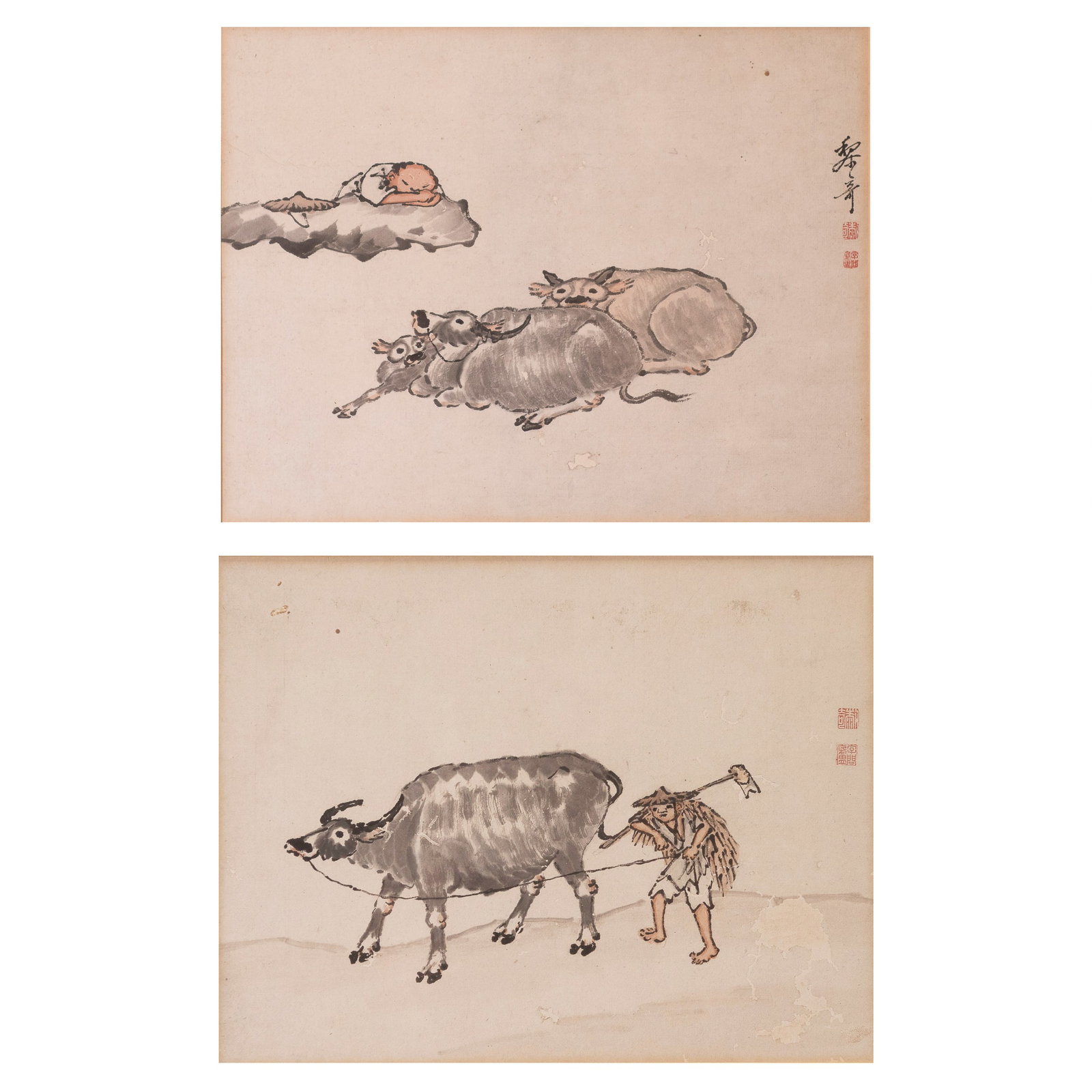 (LOT OF 2) LI QI (QING DYNASTY), CHINESE PAINTINGS OF A FARMER WITH AN OX: (lot of 2) Li Qi (Qing dynasty), two Chinese paintings of a farmer with an ox. Ink and color on paper, mounted and framed. Image: 9.25"h x 12.01"w (23.5 x 30.5 cm) (x2)