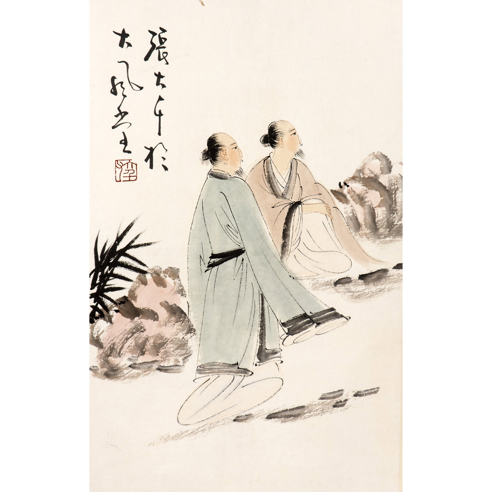 ZHANG DAQIAN, ATTRIBUTED TO, CHINESE PAINTING OF SCHOLARS: Attributed to Zhang Daqian, Chinese painting of scholars. Ink and color on paper, framed. 13.25"l x 8.25"w