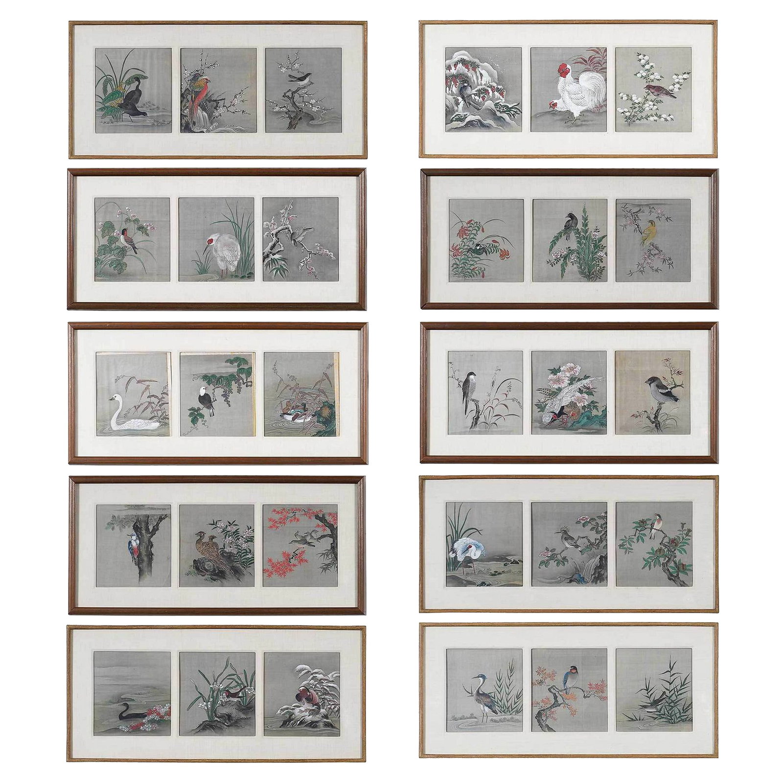 (LOT OF 30) ANONYMOUS (QING DYNASTY), GROUP OF THIRTY CHINESE PAINTINGS: (lot of 30) Anonymous (Qing dynasty), group of thirty Chinese paintings. Ink and color on silk. Image: H9.5 x W8 cm Frame: H32 x W70 x 3 cm (x5); H33 x W71 x 4 cm (x5)
