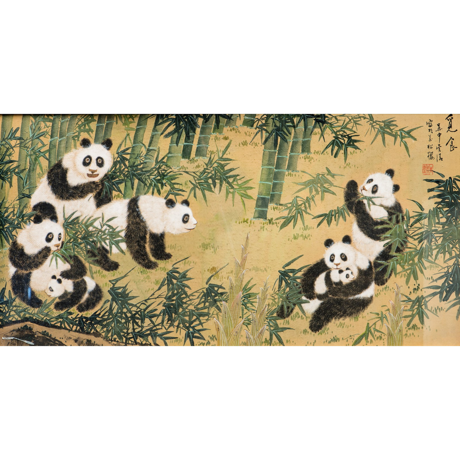 ANONYMOUS, CHINESE FRAMED PAINTING OF PANDA AND BAMBOO: Anonymous, Chinese framed painting of panda and bamboo. Ink and color on paper, mounted and framed. 45 x 85 cm Provenance: Estate sale from Reno, NV.