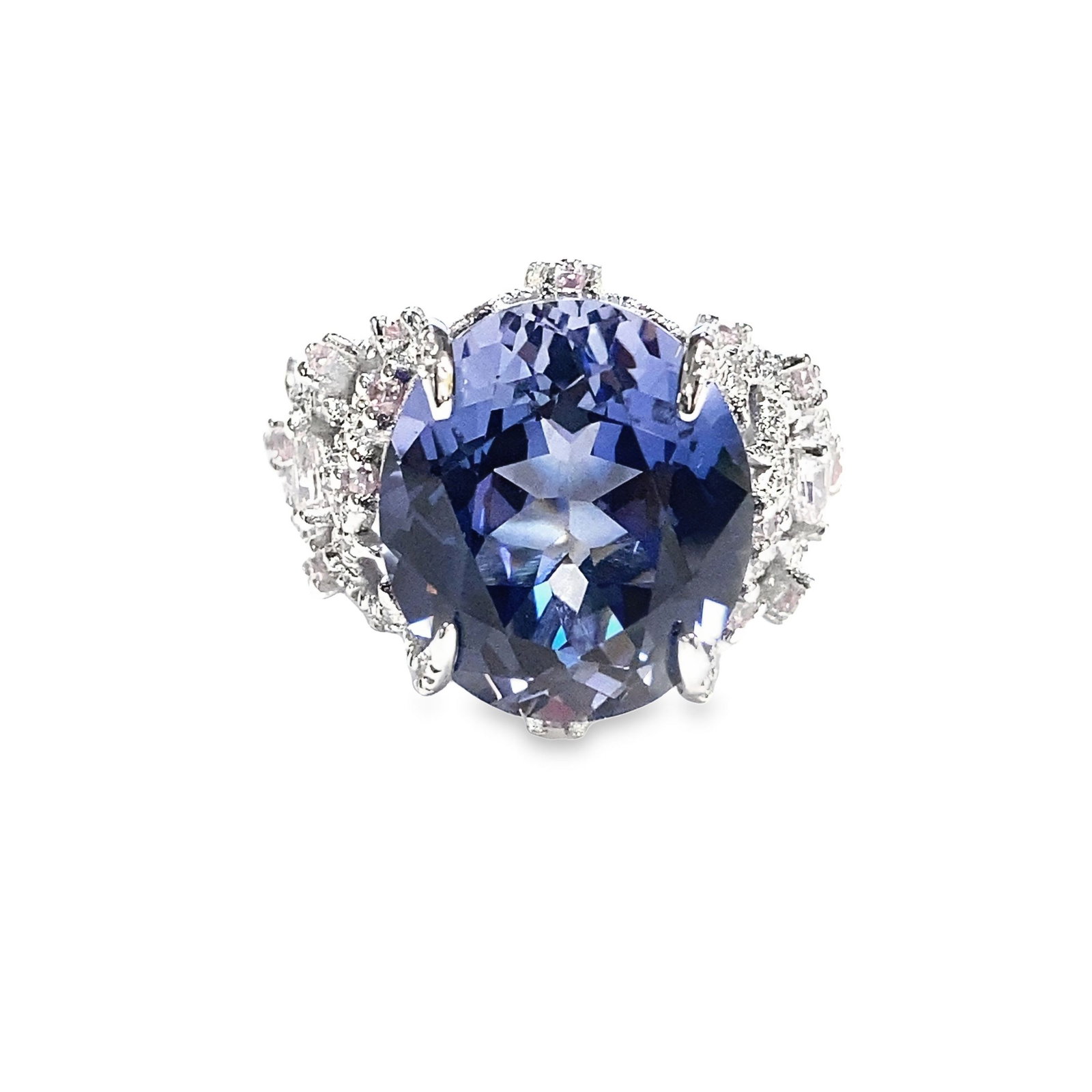 LAB SAPPHIRE AND DIAMOND RING: Lab sapphire and diamond ring. Size: 6.75 Main stone: 0.55"h x 0.43"w (1.4 x 1.1 cm)