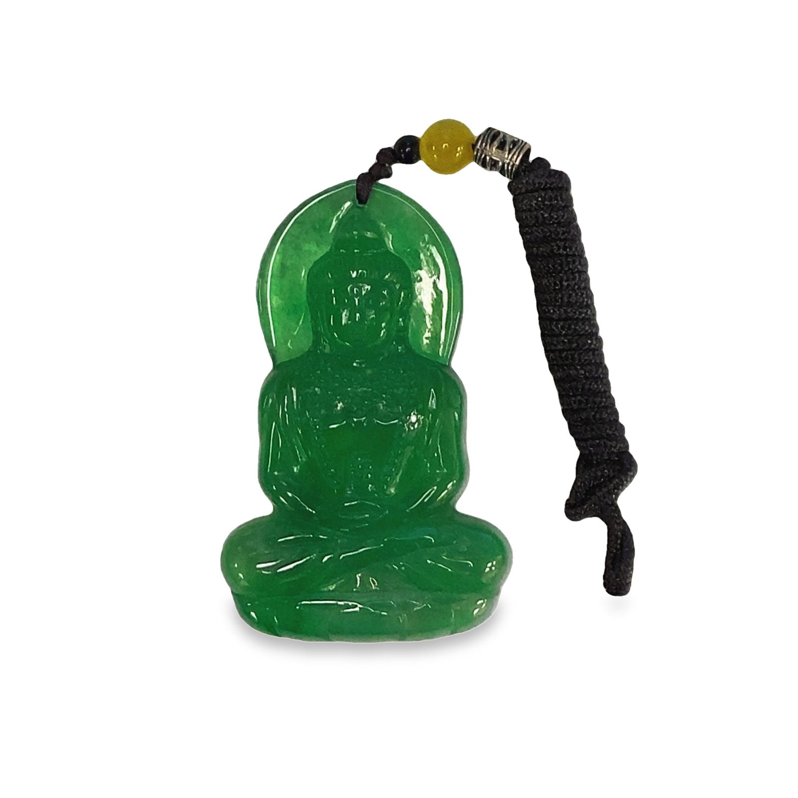 A JADEITE BUDDHA PENDANT: A jadeite Buddha pendant. H6.5 x 4 cm