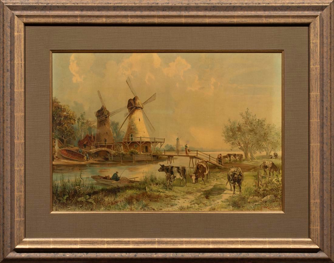 FRANZ SCHREYER, PRINT: Franz Schreyer (German, 1858-1938), "Country Scene with Windmills." Offset print, signed in plate lower right. Overall (With Frame): 30"h x 38"w