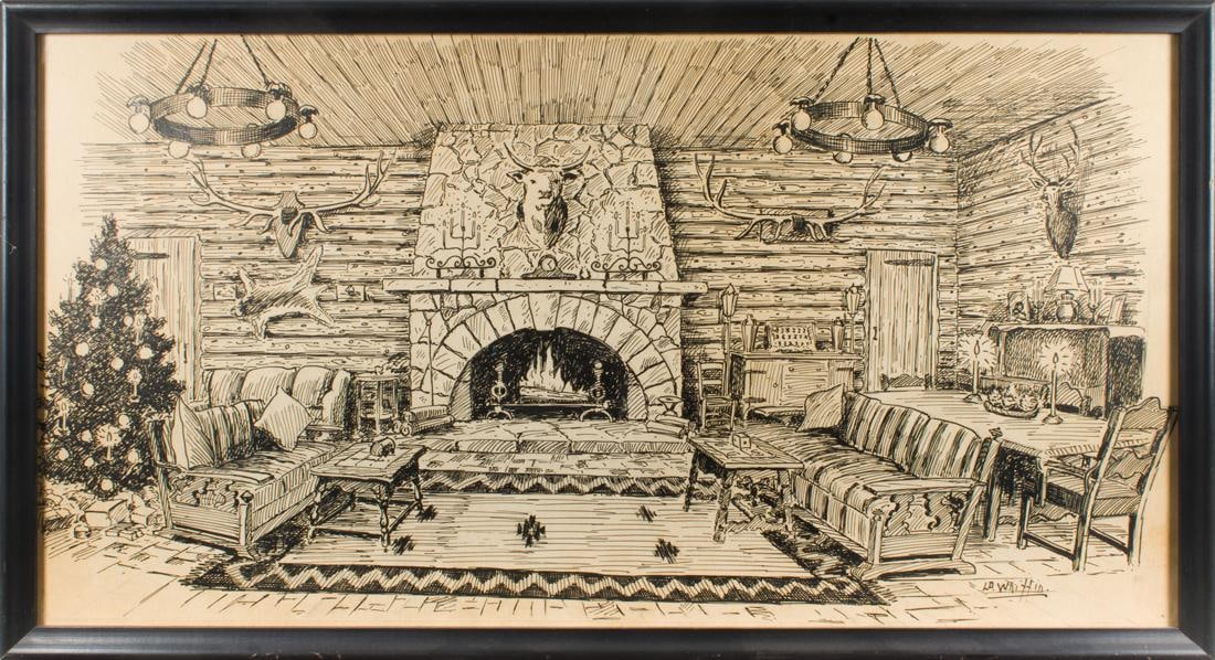 (LOT OF 3) LLOYD DUNDAS WHIFFIN, WORKS ON PAPER: (lot of 3) Lloyd Dundas Whiffin (American, 1885-1951), "Cabin Scenes." Ink on paper, each signed. Largest Overall (with frame): 12"h x 14"w