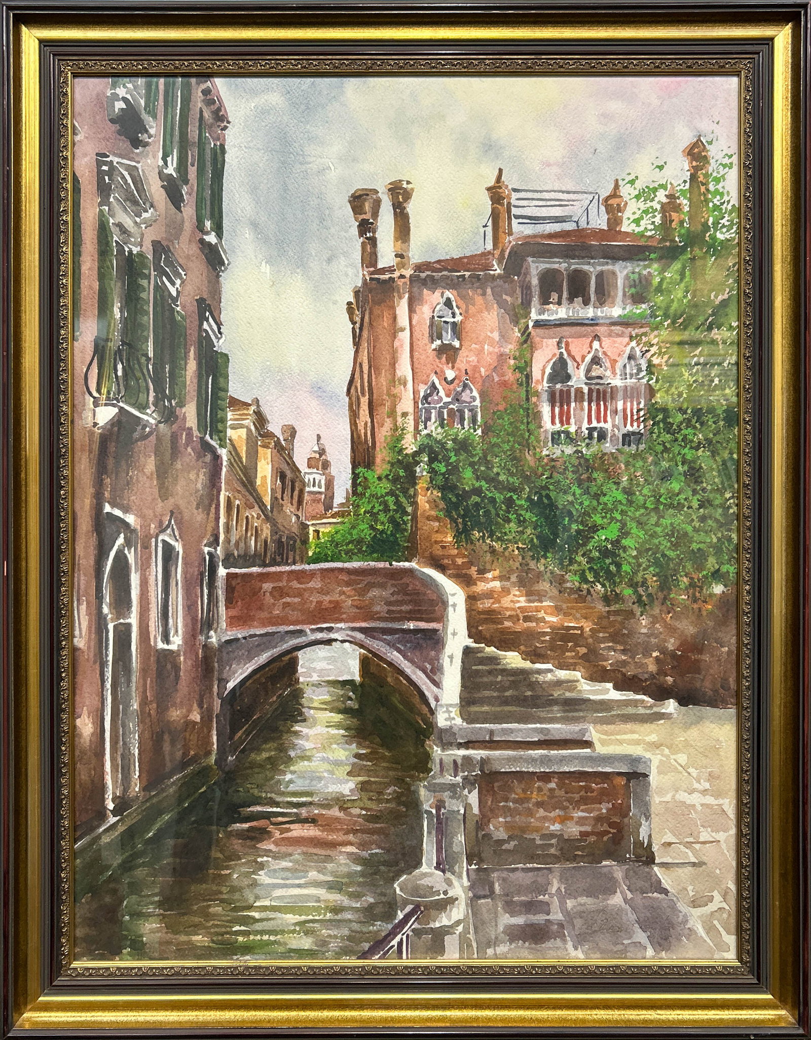 EUROPEAN SCHOOL, WATERCOLOR: European School (late 20th century), "Venetian Canal View." Watercolor on paper, signed lower right. Image: 29.13"h x 21.65"w (74 x 55 cm); Overall (with frame): 34.06"h x 26.77"w (86.5 x 68 cm)