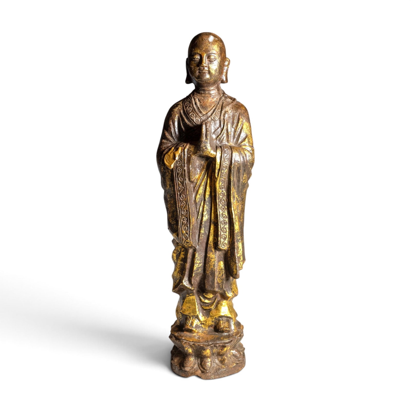 CHINESE GILT CAST-IRON FIGURE OF A STANDING MONK (1 of 13)