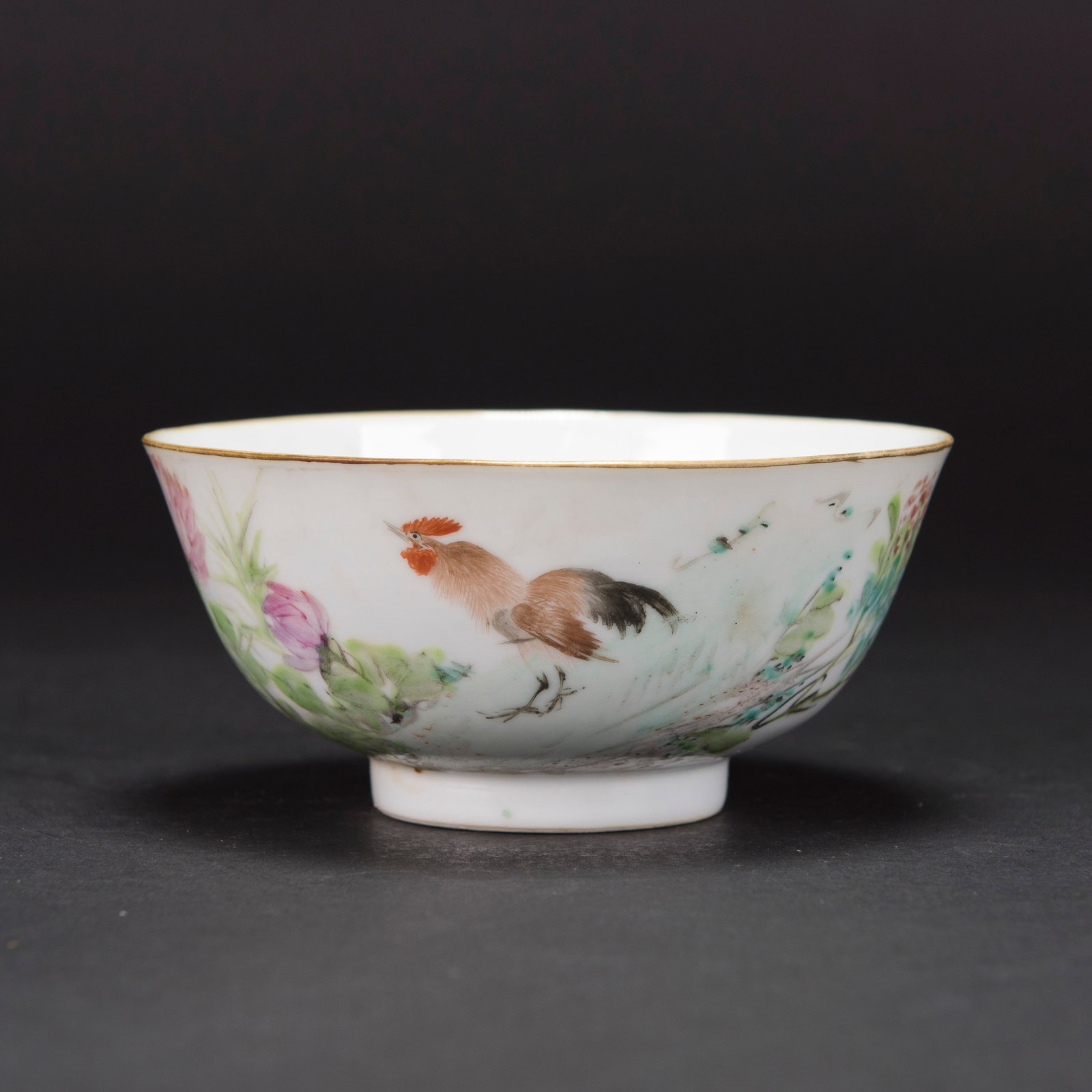CHINESE QIANJIANG ENAMELED 'COCK' BOWL, 19TH CENTURY: Chinese Qianjiang enameled 'cock' bowl, 19th century. 2.36"h x 5.31"w (6 x 13.5 cm) Provenance: Property from an estate in Southern California.