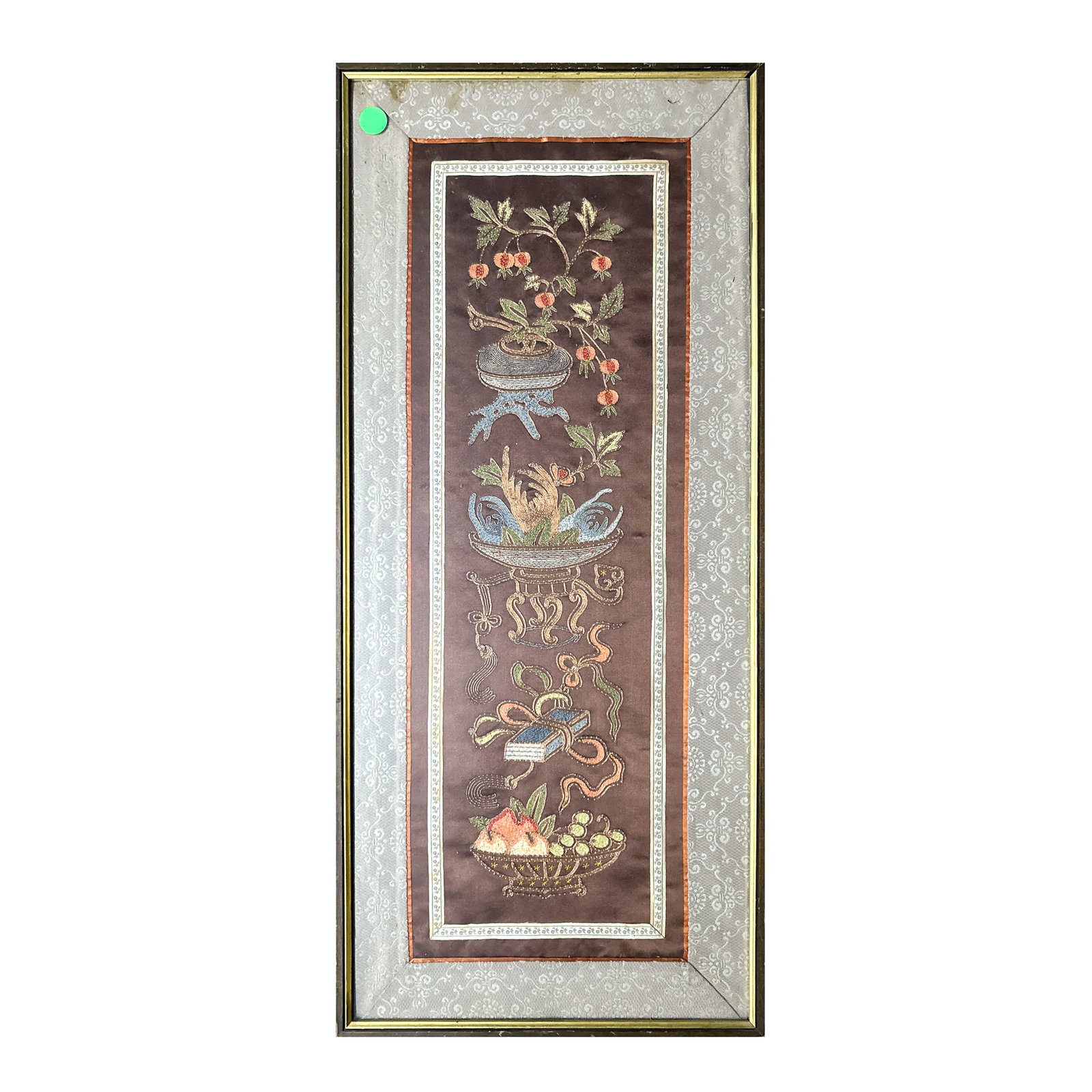 CHINESE EMBROIDERED VASES AND TREASURES: Chinese embroidered vases and treasures, framed. 25.59"h x 10.63"w (65 x 27 cm)