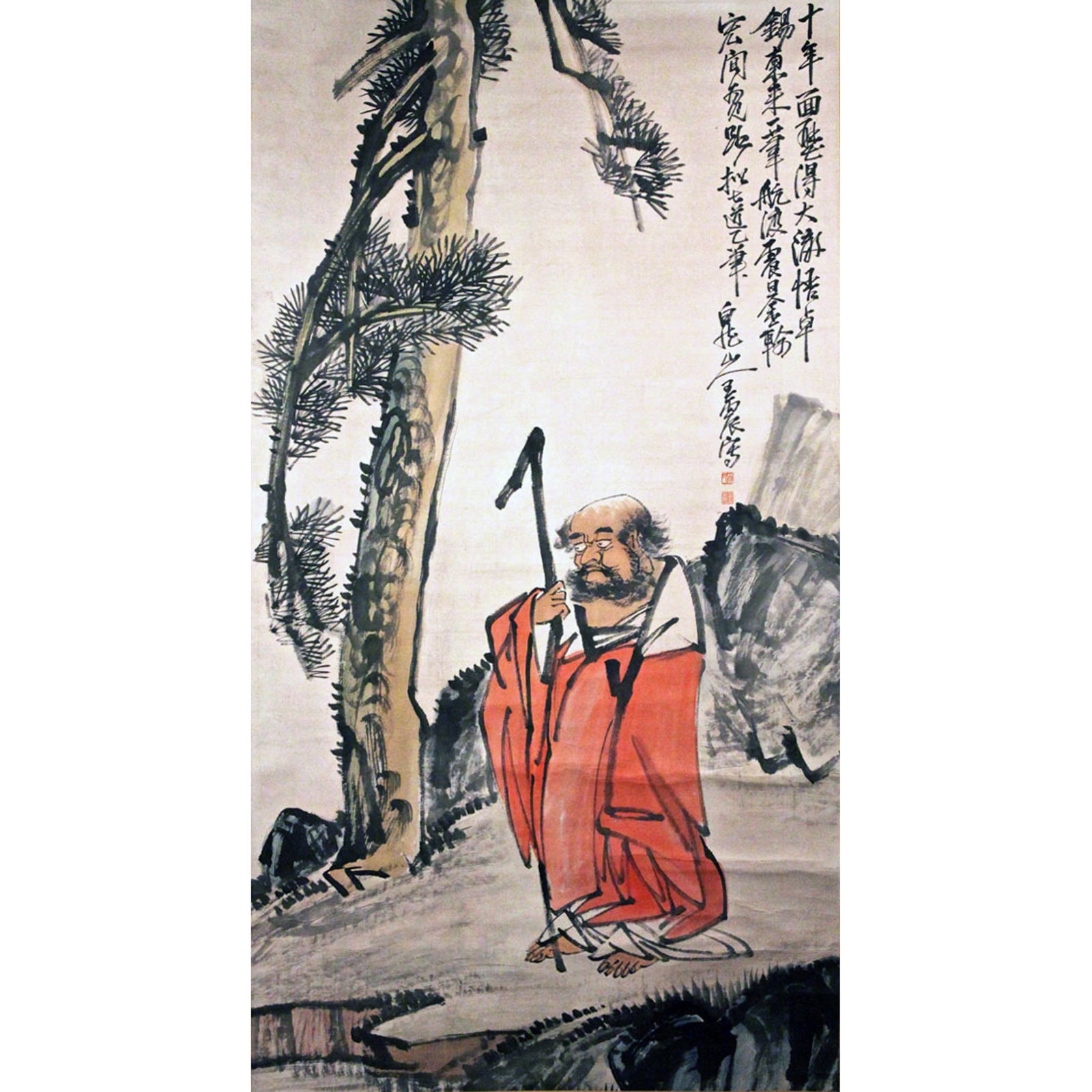 WANG ZHEN, ATTRIBUTED TO, CHINESE SCROLL PAINTING OF FIGURE: Attributed to Wang Zhen, Chinese scroll painting depicting Damo, the father of Zen Buddhism, standing barefoot. 66.93"h x 35.83"w (170 x 91 cm)