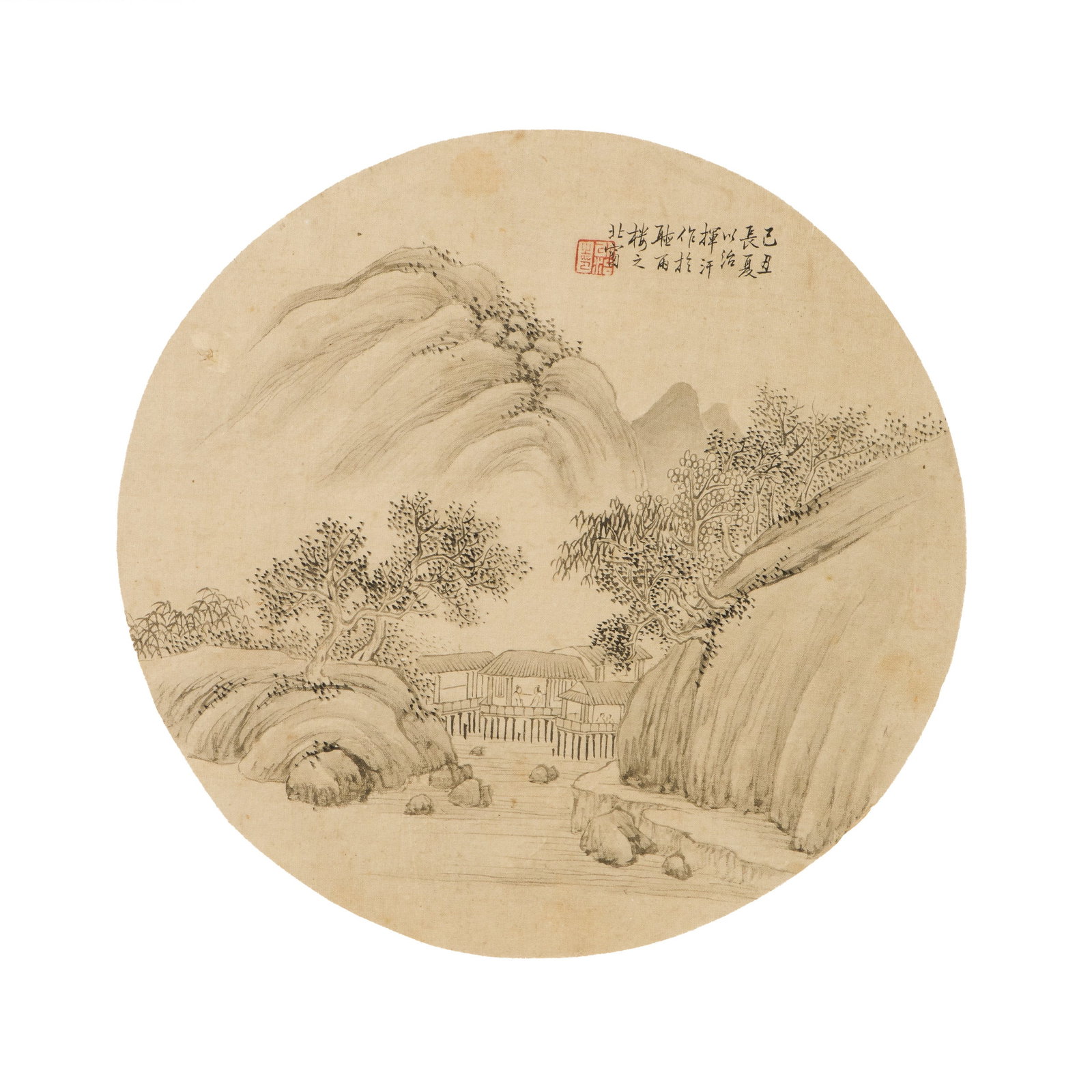 ANONYMOUS (QING DYNASTY), CHINESE PAINTING OF ROUND FAN: Anonymous (Qing dynasty), Chinese painting of round fan. Ink and color on silk, fan leaf, mounted and framed. Image: 9.25"d (23.5 cm)