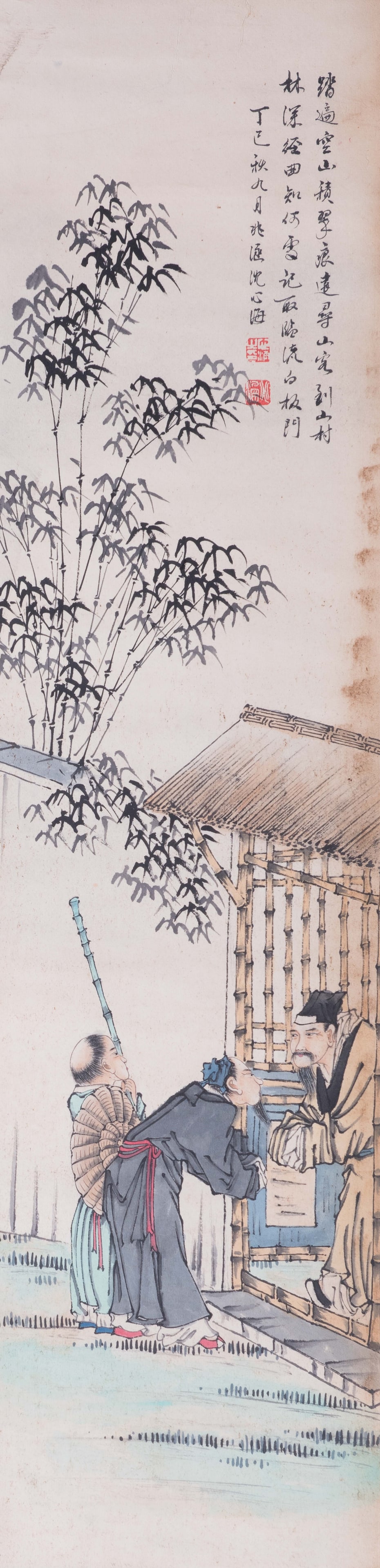 SHEN XINHAI (1855-1941), CHINESE PAINTING SCROLL OF FIGURES: Shen Xinhai (1855-1941), Chinese painting scroll of figures. Ink and color on paper, hanging scroll. 37.4"h x 9.45"w (95 x 24 cm)